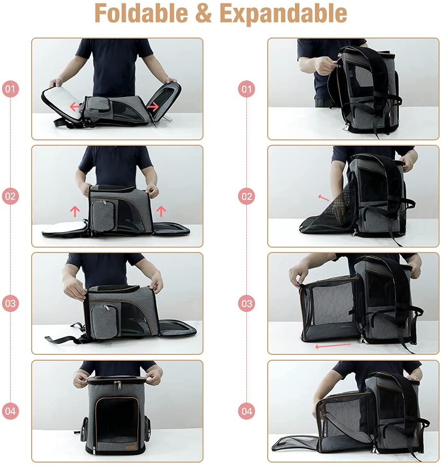 Lekesky Expandable Cat Backpack, Dog Backpack for Cats and Small Dogs, Foldable Pet Backpack with Internal Safety Line and 2 Pet Mats, Grey image number 3