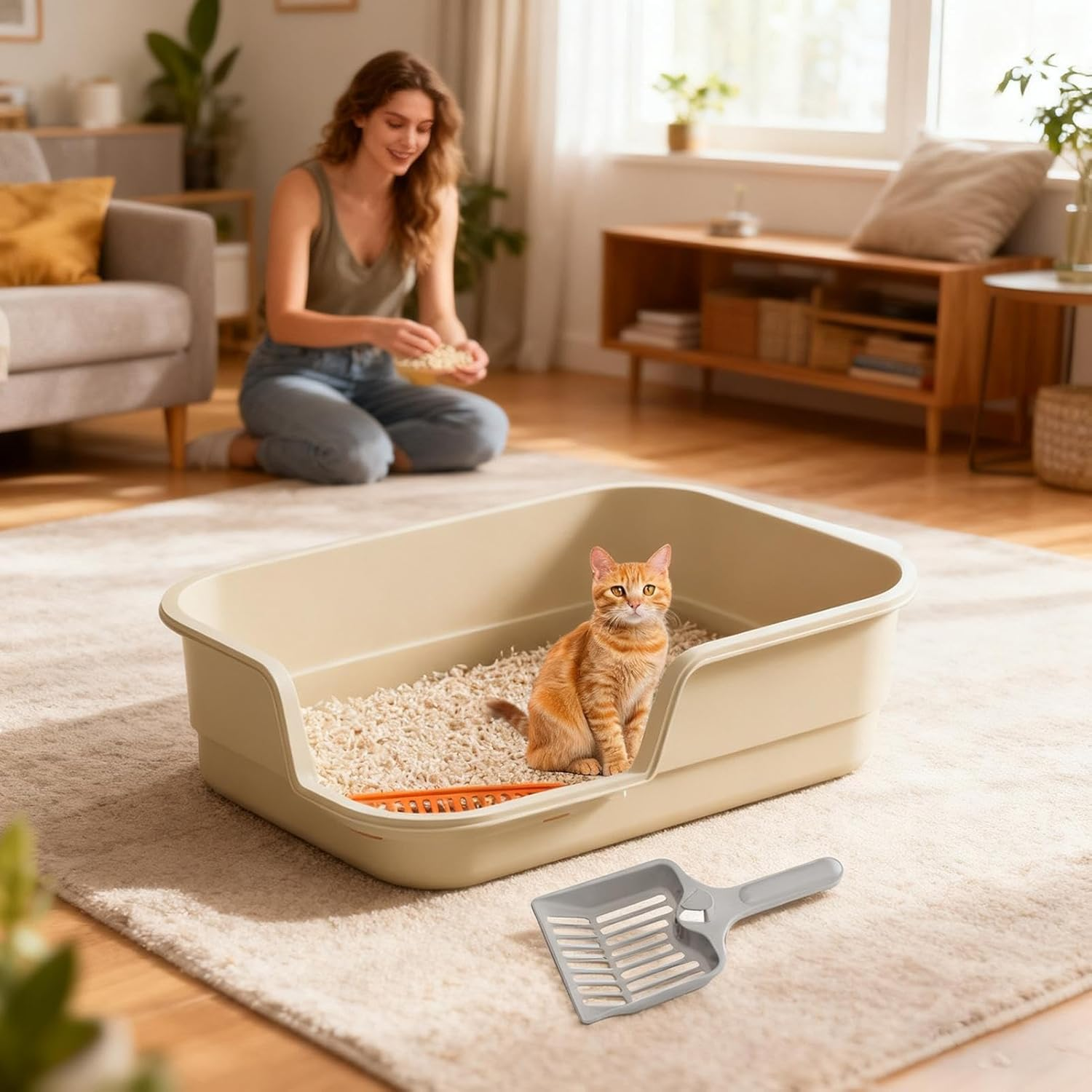 Cat Litter Box Large Easy to Clean with Shovel, Large Cat Litter Tray with Litter Protection for Seniors Pets and Kittens for Indoor Home Office Dorm Apartment Hotel Farmhouse Living Room - White image number 3