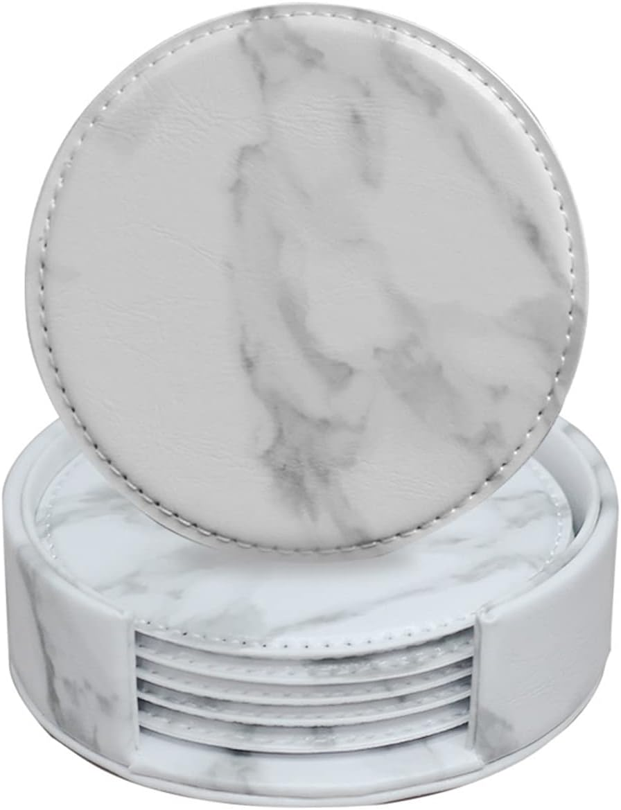 Coasters for Drinks 6 Piece with Holder Marble Texture round Cup Mat Pad Set of Home and Kitchen Use (Marble Black)