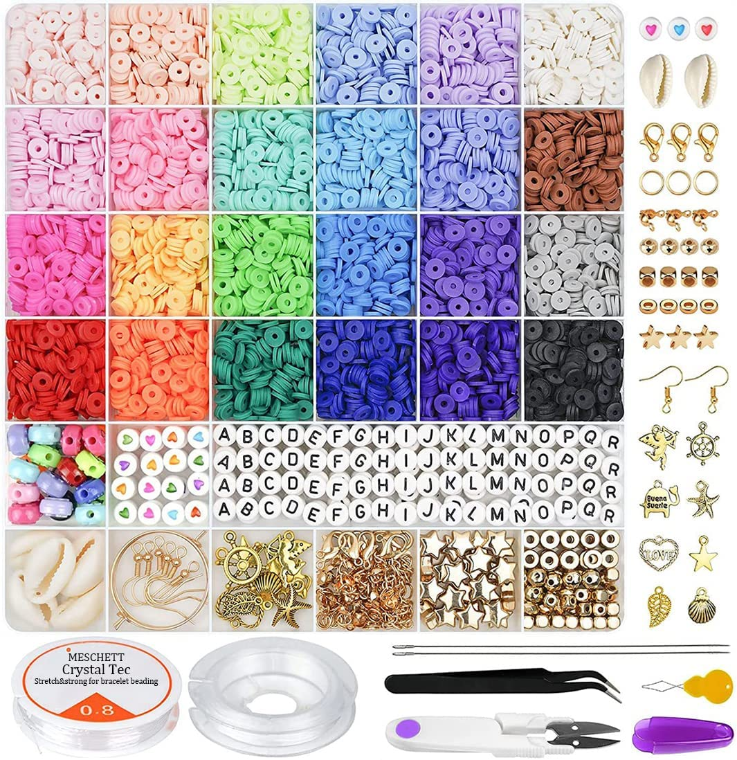 6000 PCS Clay Beads for Bracelet Making,24 Colors 6Mm Flat round Polymer Clay Beads with Pendant Charms Kit Letter Beads and Elastic Strings for Jewelry Making Kit & Craft Supplies
