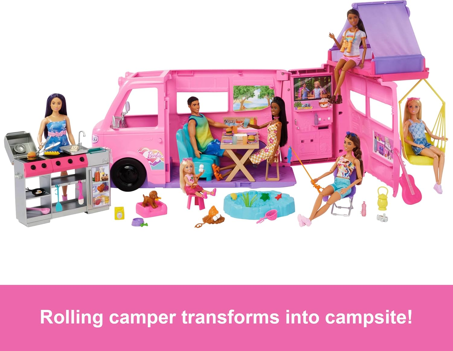 Barbie 2025 Dream Camper Playset with Roof Tent, Swing Chair, Fishing Pond, BBQ Grill with Color-Change Feature & 60+ Accessories Including Dough image number 4