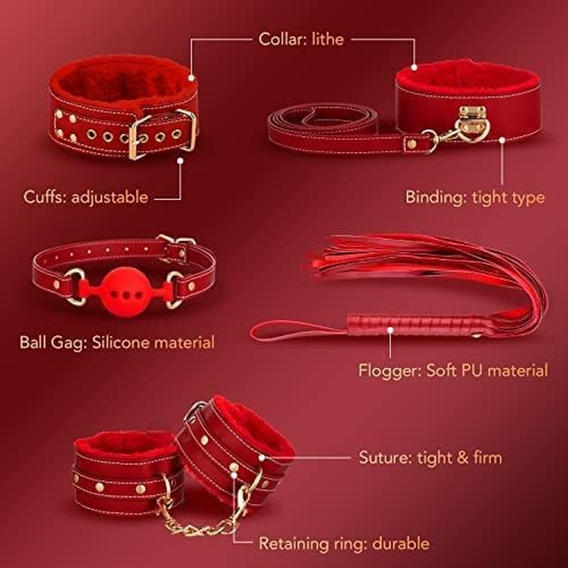 LONZYON Sex Bondage Restraints Kit, 11 PCS Bondage Set Couples Sex Toys with Adjustable Ankle, Thigh Sex Cuffs & Handcuffs, Thick Leather Material BDSM Toys Restraints Sex Things for Couples Kinky (Red)