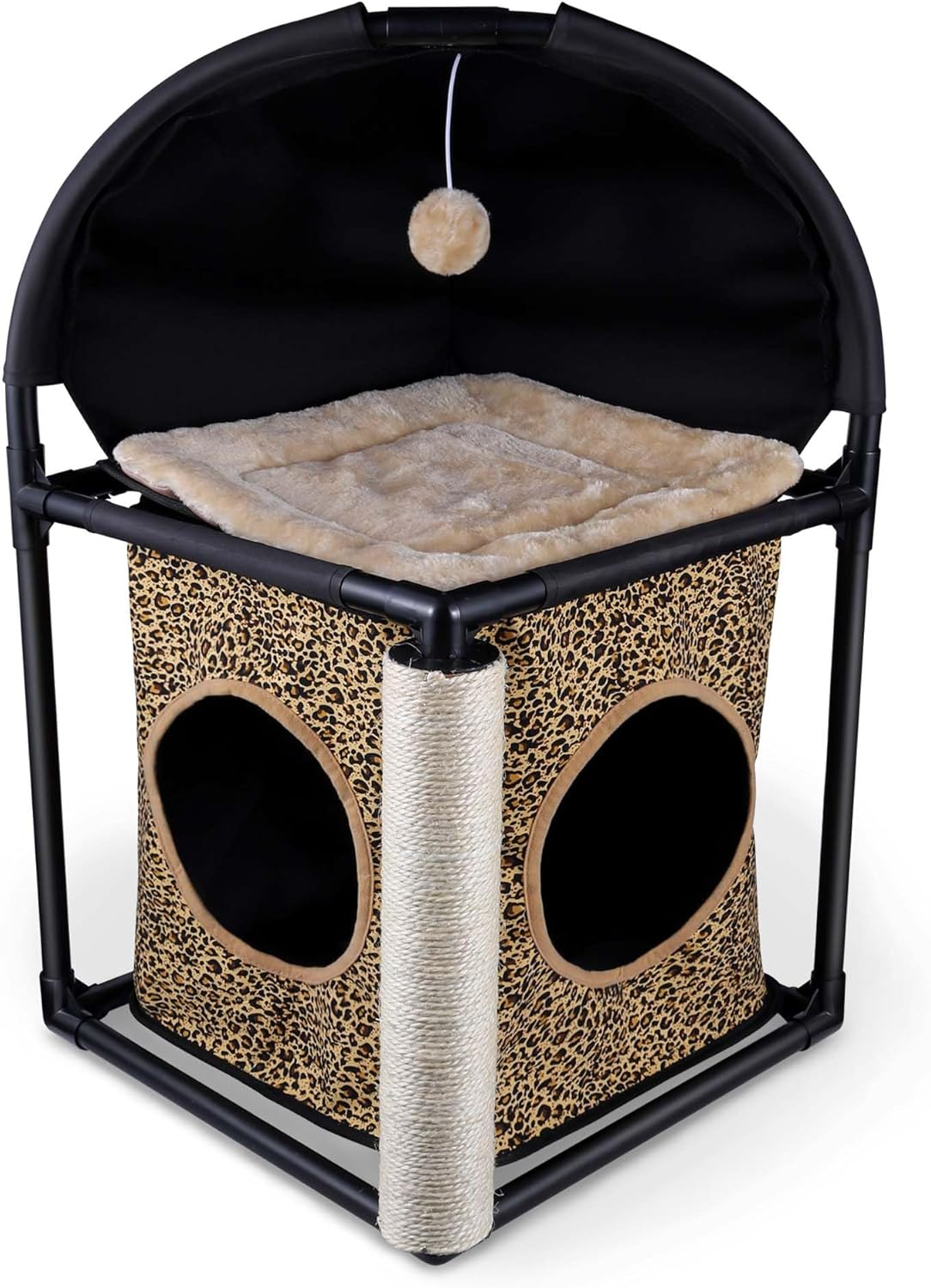 Goetland PVC Modern Cat Condo Cat House Cat Tree Small Cat Tower Bed Scratching Post Dangling Ball Hole for Kitty Indoors Cat Gray