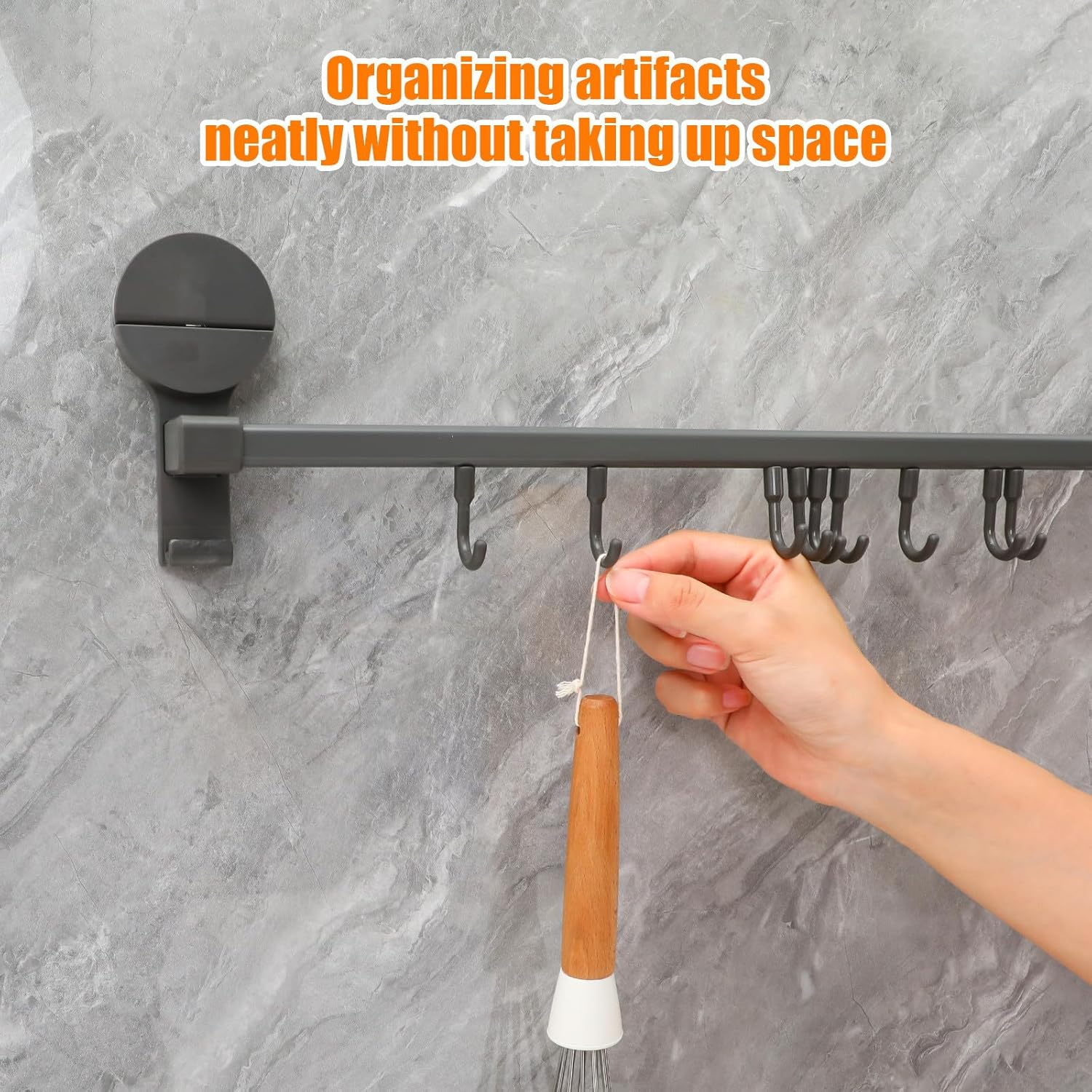 Suction Cup Kitchen Utensil Rack with Hooks No-Drill Wall Mounted Sliding Rail Organizer for Kitchen Bathroom Bedroom and Hanging Holder for Tools and Towels image number 3