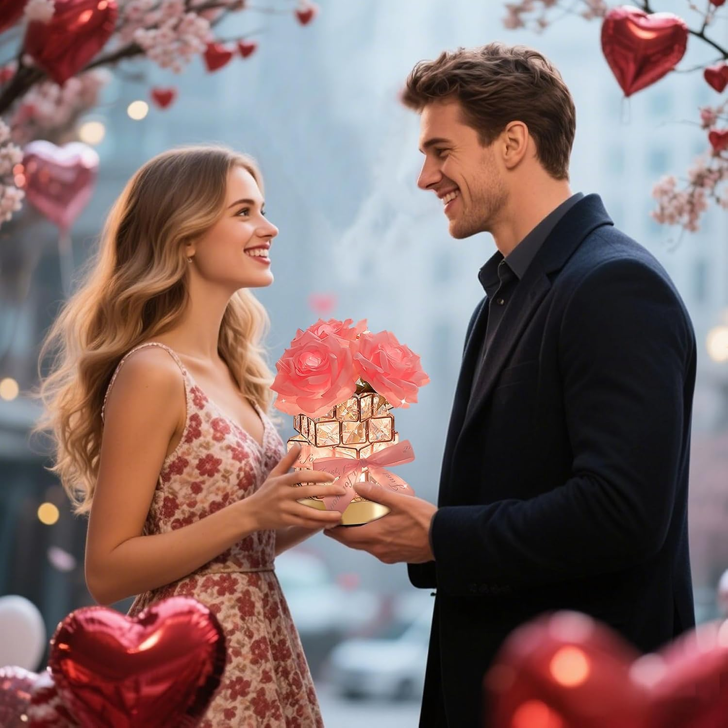 Crystal Table Lamp, Rechargeable Cordless Rose Light 3 Colors Dimmable Flower Lamp, Romantic LED Rose Diamond Lamp for Bedroom Pink Room Decor, for Valentine Birthday Christmas Thanksgiving (Pink) image number 6