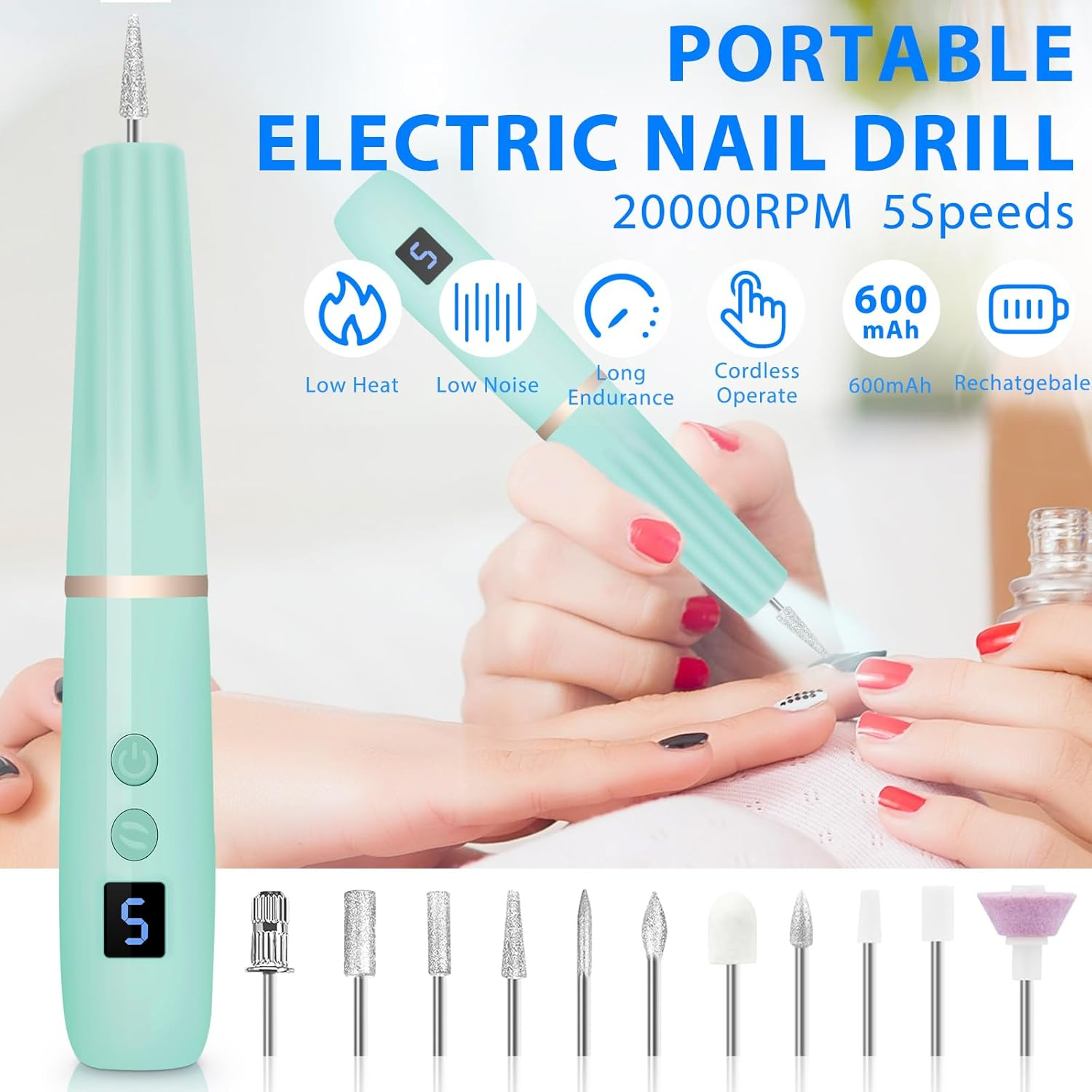 Cordless Electric Nail Drill with 360&deg; Ring Light, Portable Nail File Kit for Acrylic, Gel Nails, Portable Home Manicure Kit for Manicure and Pedicure(Turquoise) image number 1