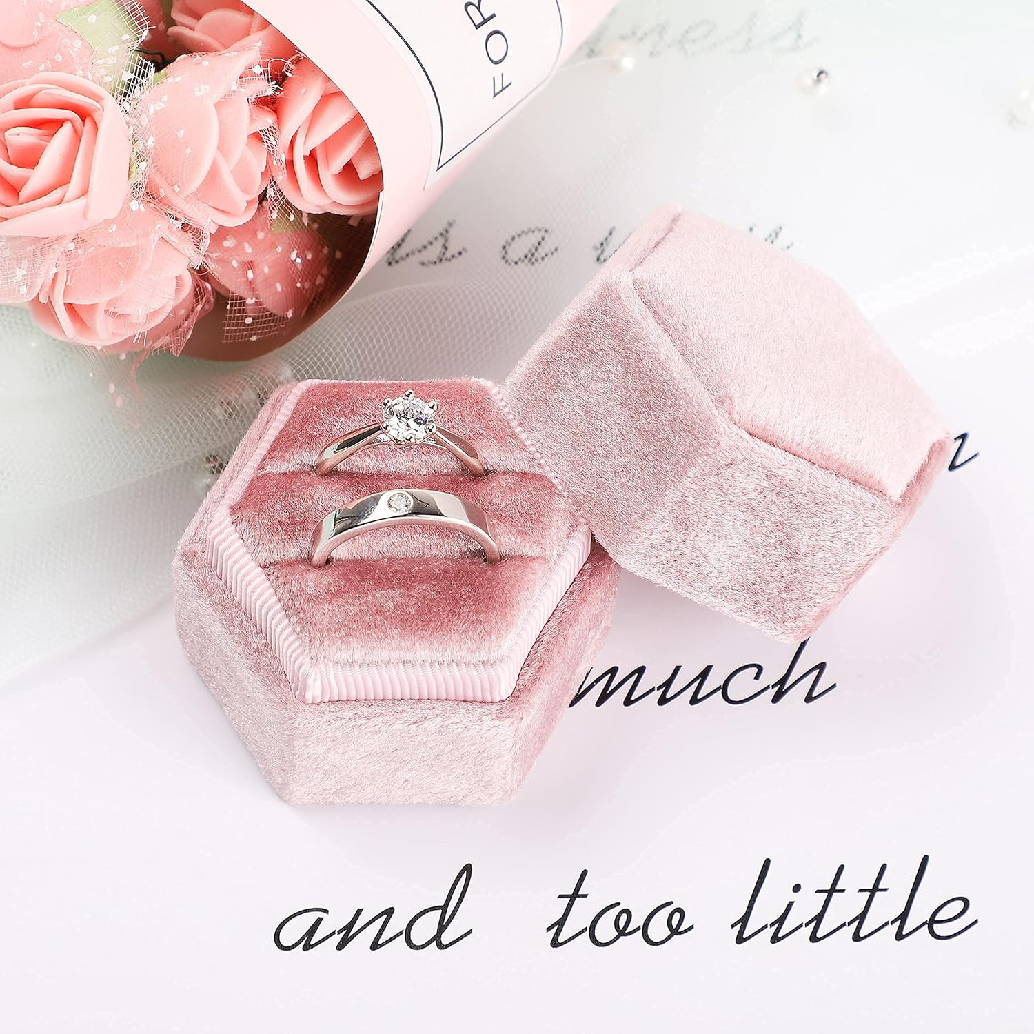 Etercycle Velvet Jewelry Ring Box, Hexagon Premium Gorgeous Vintage Double Ring Gift Box with Detachable Lid for Proposal Engagement Wedding Ceremony(Pink-Purple) image number 4