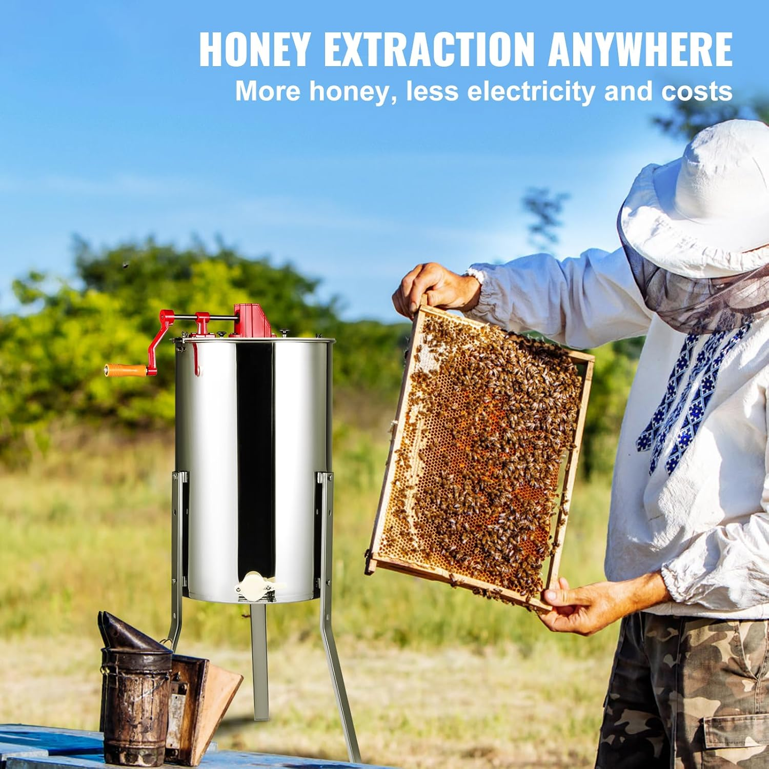 VEVOR Manual Honey Extractor, 2/4 Frames Honey Spinner Extractor, Stainless Steel Beekeeping Extraction, Honeycomb Drum Spinner with Lid, Apiary Centrifuge Equipment with Height Adjustable Stand - 3 Frame image number 4