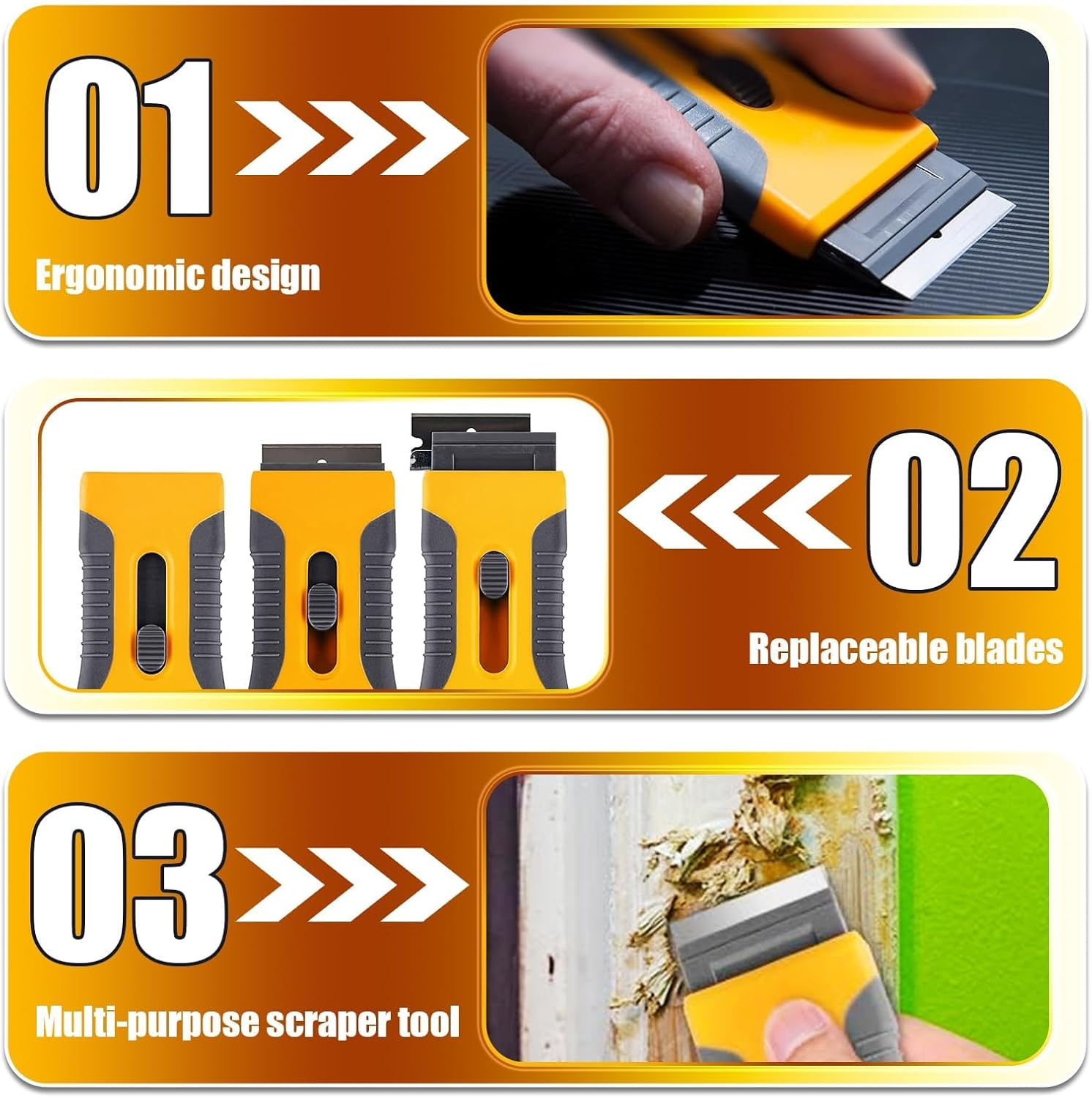 Razor Blade Scraper, Cleaning Razor Scraper for Glass with 15 Pcs Extra Blades, Razor Blade Retractable for Removing Labels, Stickers, Decals, Glue Residue, Paint from Glass (Yellow)