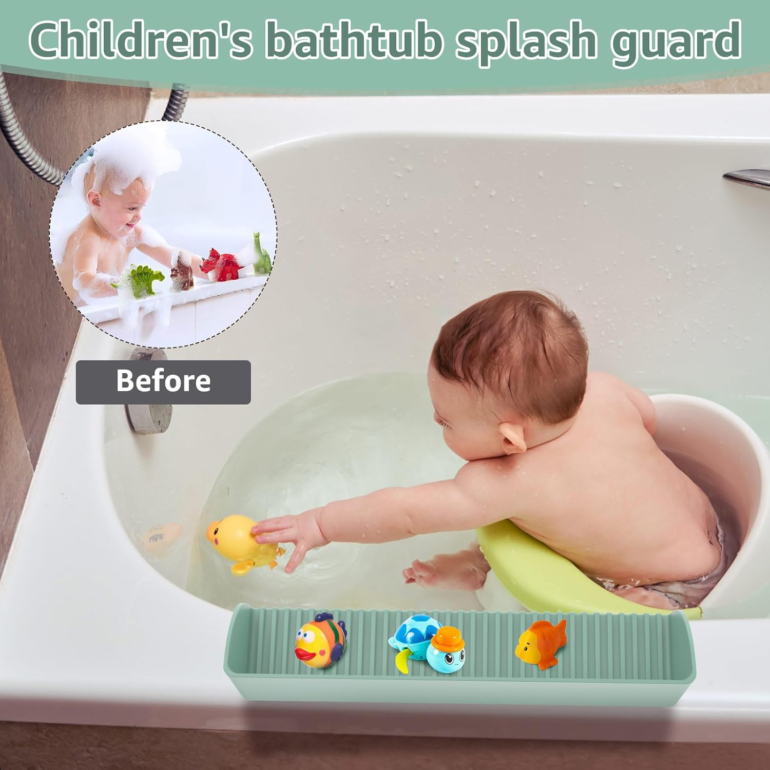 Silicone Sink Water Bathtub Splash Guard with 4 Suction Cups Kids Bath Toys Organizer Bath Storage Tray Raised Edge Design for Kitchen and Bathroom(Green) - Pink image number 4