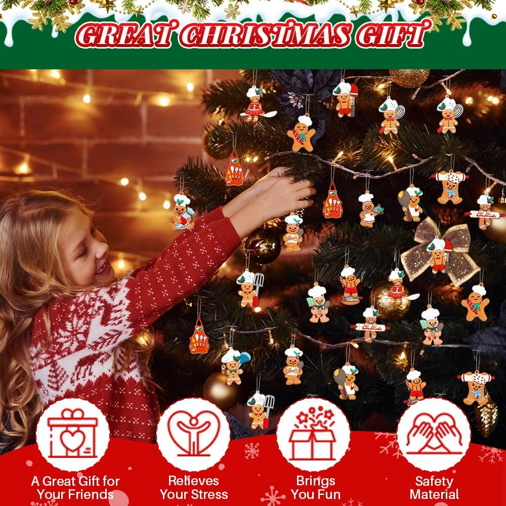 AUTOWT 30Pcs Wooden Gingerbread Christmas Ornaments Set, Assorted Ginger Man Hanging Decorations with Strings, Snowman Xmas Tree Hanging Figurine for Christmas Festive Season Holiday Party Home Decor image number 1