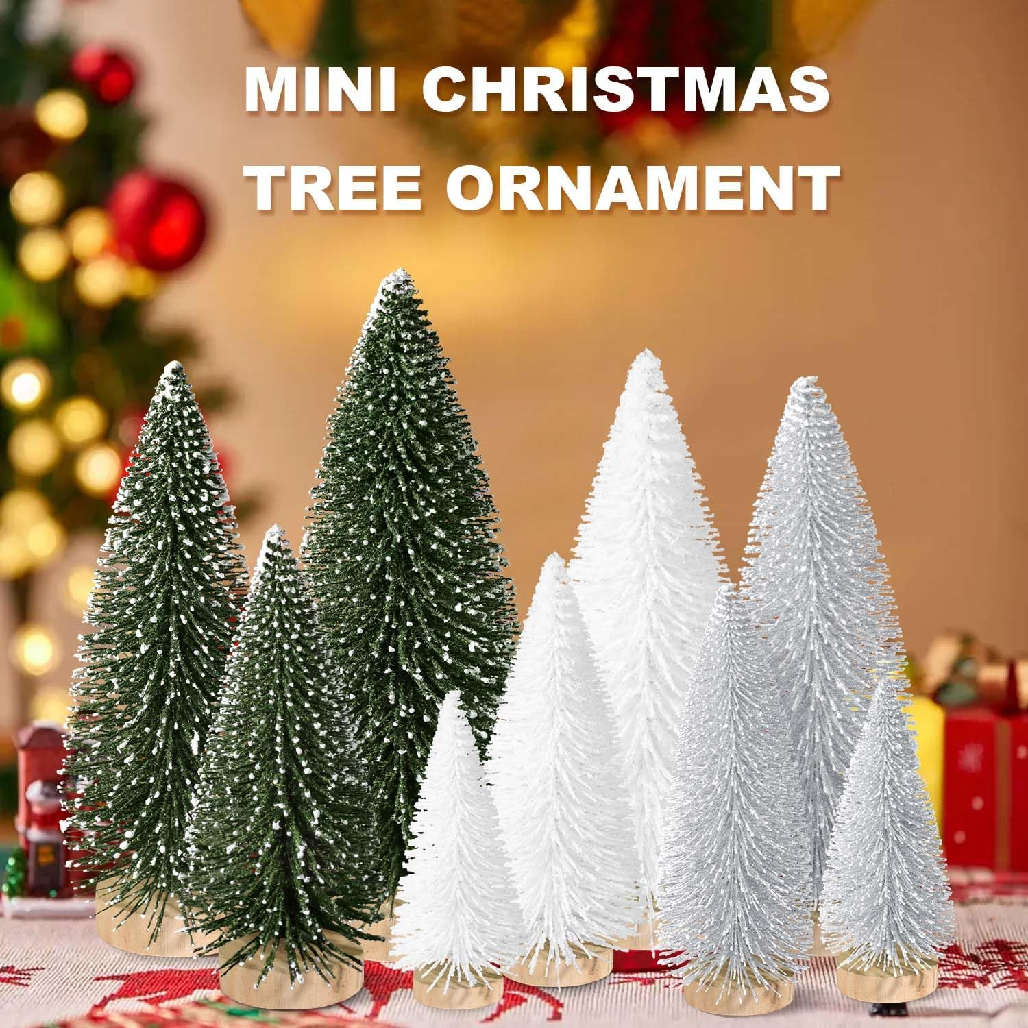 9Pcs Mini Christmas Tree Desktop, Artificial Christmas Pine Tree, Mini Bottle Brush Trees Tabletop, Small Sisal Trees with Wooden Bases, Xmas Holiday Decor (Green-Silver-White) image number 1