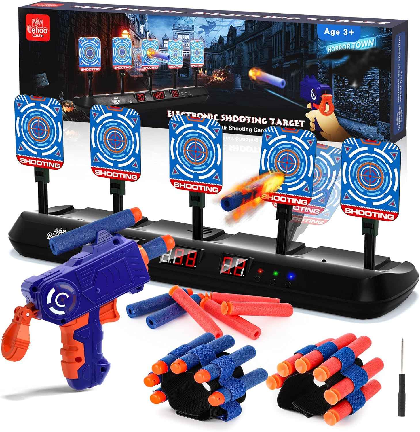 Lehoo Castle Nerf Target Set, 5 Electronic Digital Targets for Nerf Guns, Auto-Reset, Scoring, Includes 20 Bullets, Wrist Bands, Stickers, Outdoor Game for Boys & Girls, Ages 6+