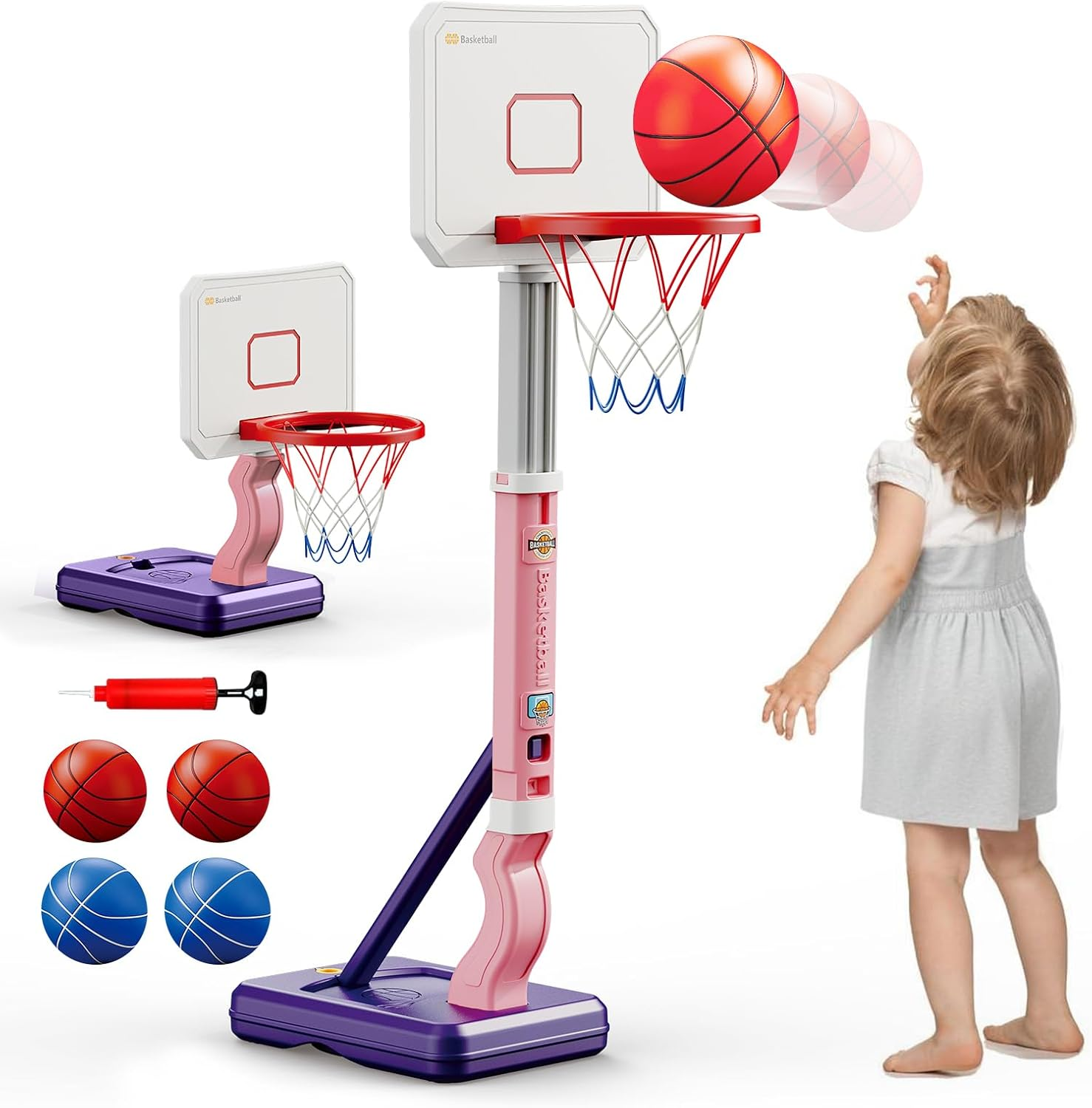 Toddler Basketball Hoop, Adjustable Height 2.3-4.5Ft Baby Basketball Goal Set with 4 Balls & Pump, Backyard Poolside Basketball Toy for Boys & Girls Birthday Gift image number 5