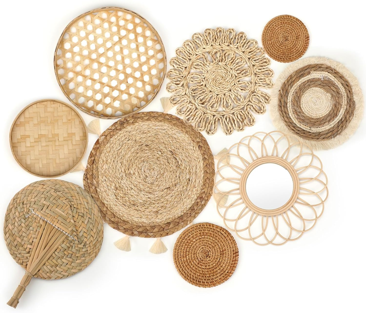 Unittype Set of 9 Wall Basket Decor Boho Hanging Rattan Wall Decor Flat round Wicker Mirror Woven Macrame Tassels Tapestry Bamboo Basket Handmade Serving Tray Art for Room Bedroom Living Room image number 6