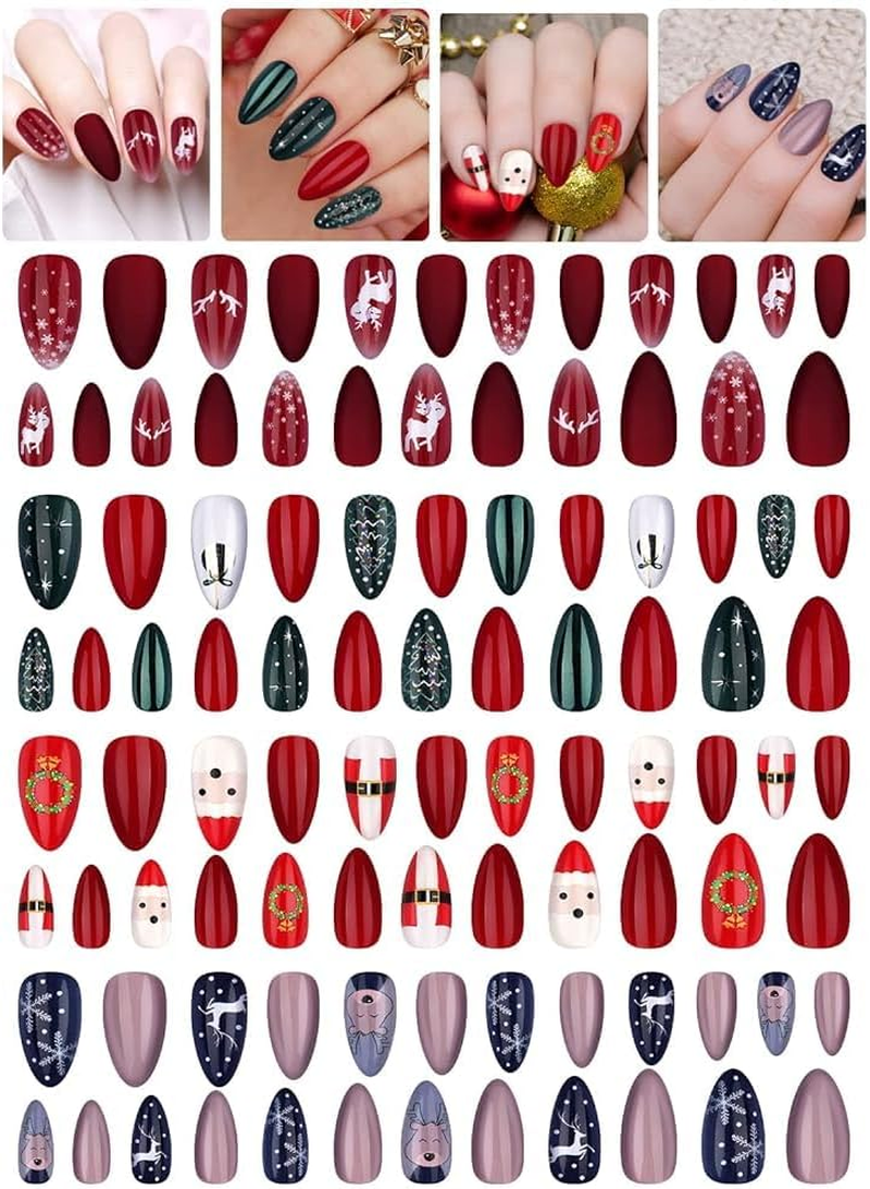 EBANKU 96 Pcs Christmas Fake Nails, Artificial Christmas Press on Nails Reindeer Snowflakes Christmas Trees Full Cover Nail Tips for Women Girls-B