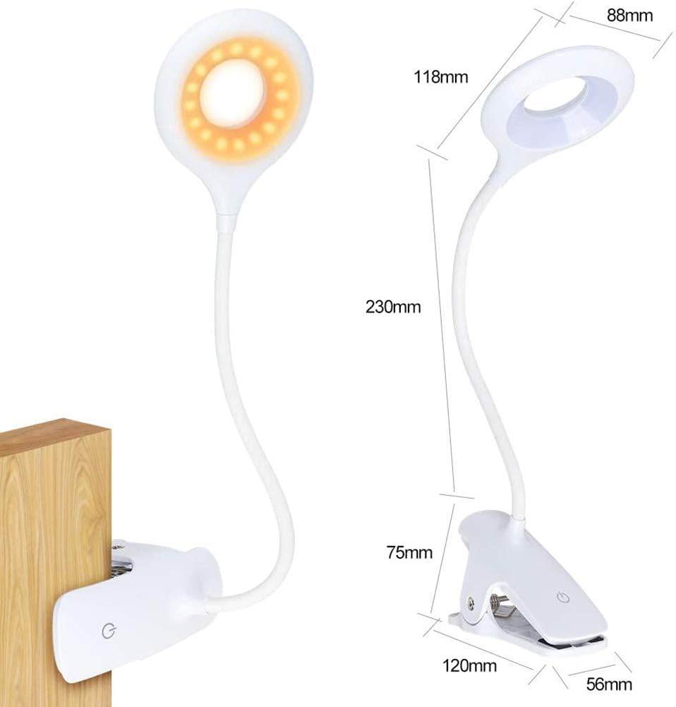 Clip-On Reading Light for Bed - Amber Book Light at Night Rechargeable 5 Brightness Desk Light Clamp Lamp, Touch Control Dimmable Lamp with Flexible Neck, Gentle Night Light (White) image number 1