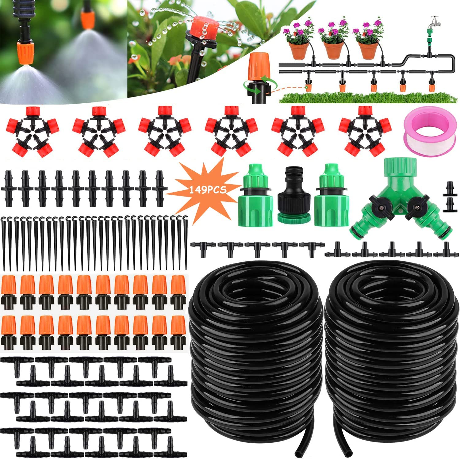 Drip Irrigation Kit, 100Ft/30M Mist Irrigation Kit Garden Watering Automatic System DIY Irrigation Tubing Kits with Hose Atomizing Nozzles Drippers Drip Connectors, for Flower Bed, Lawn, Patio Plants image number 1