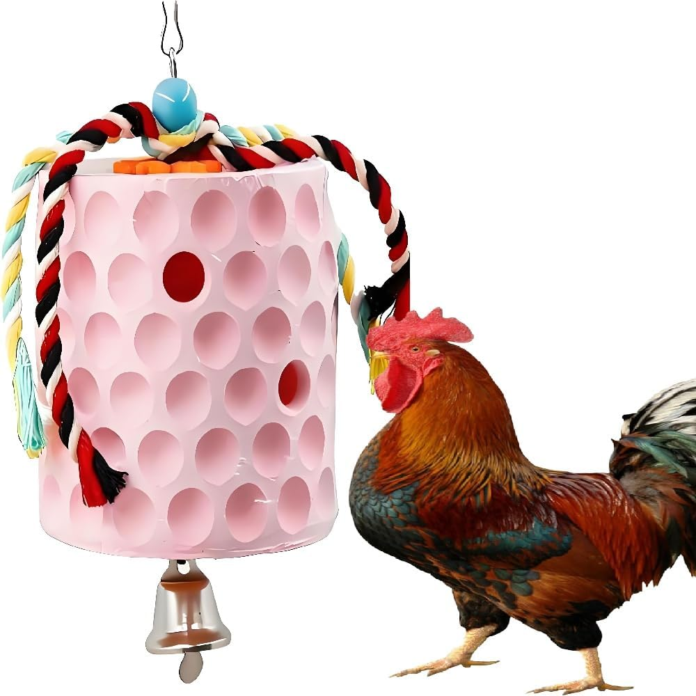Large Chicken Chewing Toy with Bells, Calcium Stone for Beak Grinding, Cage Toys for Cockatiel Parakeet Parrot Budgies, Chicken Coop Accessories for Hamster Rabbit Bunny Rat (Pink)