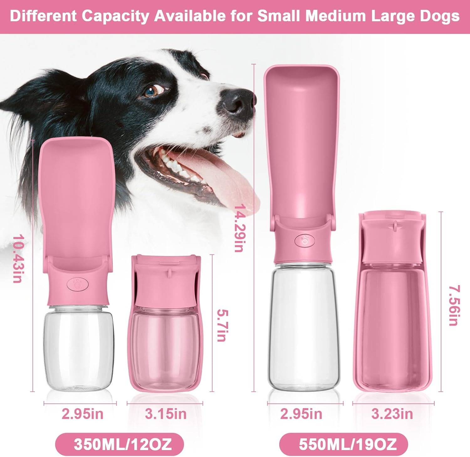 Foldable Dog Water Bottle - 550Ml Portable Dispenser, Leak Proof Travel Bottle for Pets, Outdoor Walking, Hiking - Food Grade Plastic（Pink） image number 3