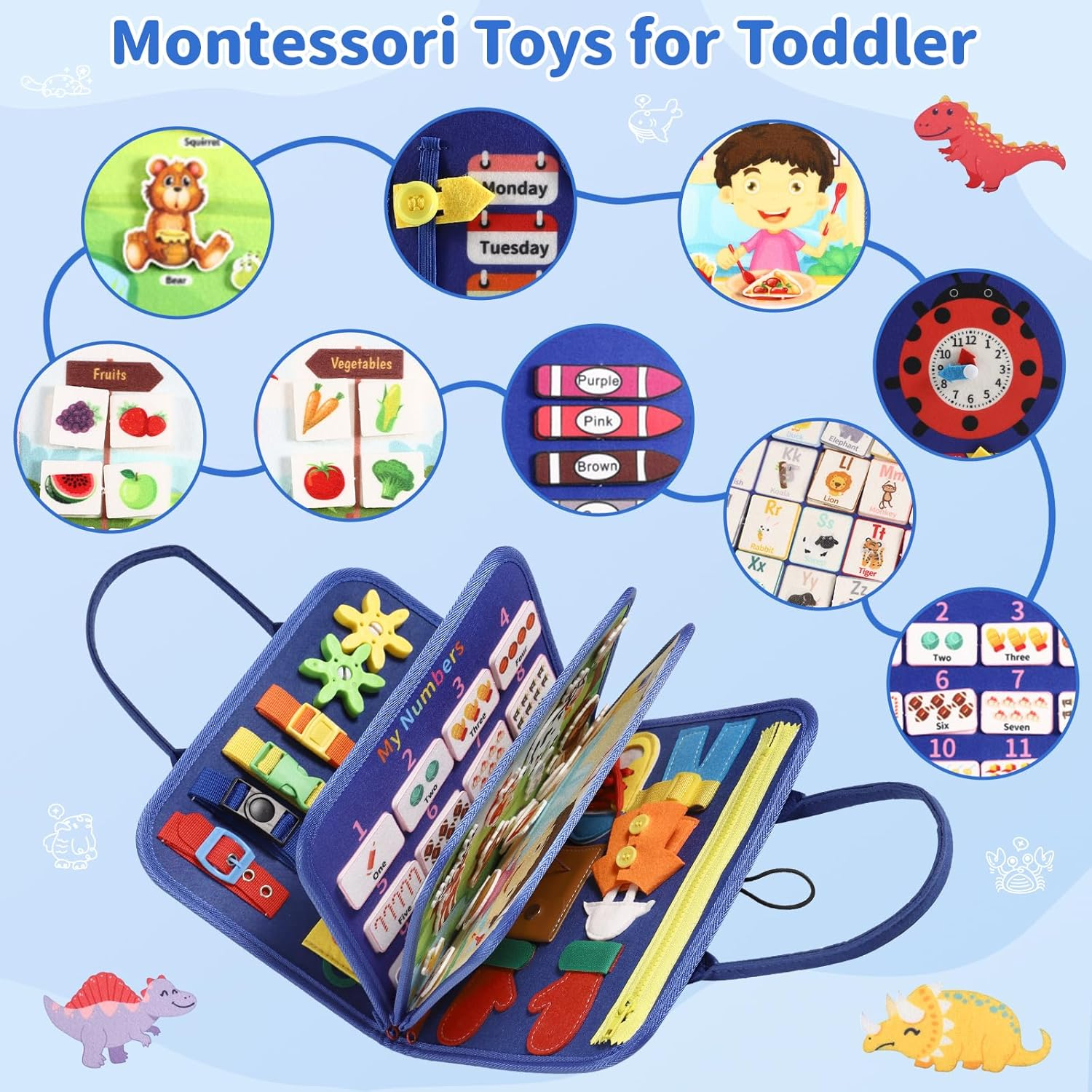 MINIBEAR Busy Board Montessori Toys for Toddlers, Kids Busy Book Toddler Sensory Toy, Preschool Educational Activities with Zipper Removable for 3 4 5 Years Girls Boys, Plane Car Travel Toys for Baby image number 4