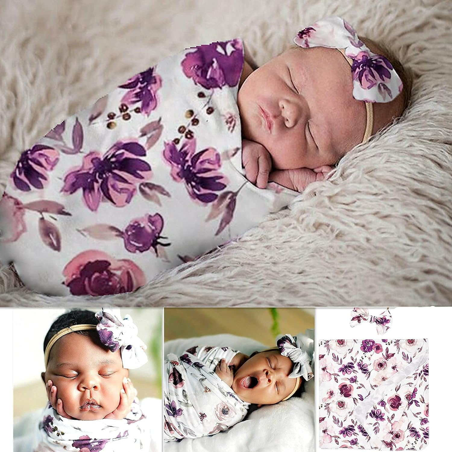 35X35Inch Infant Floral Swaddle Wrap with Headbands Set Newborn Receiving Blanket Photography Props (Purple) image number 2