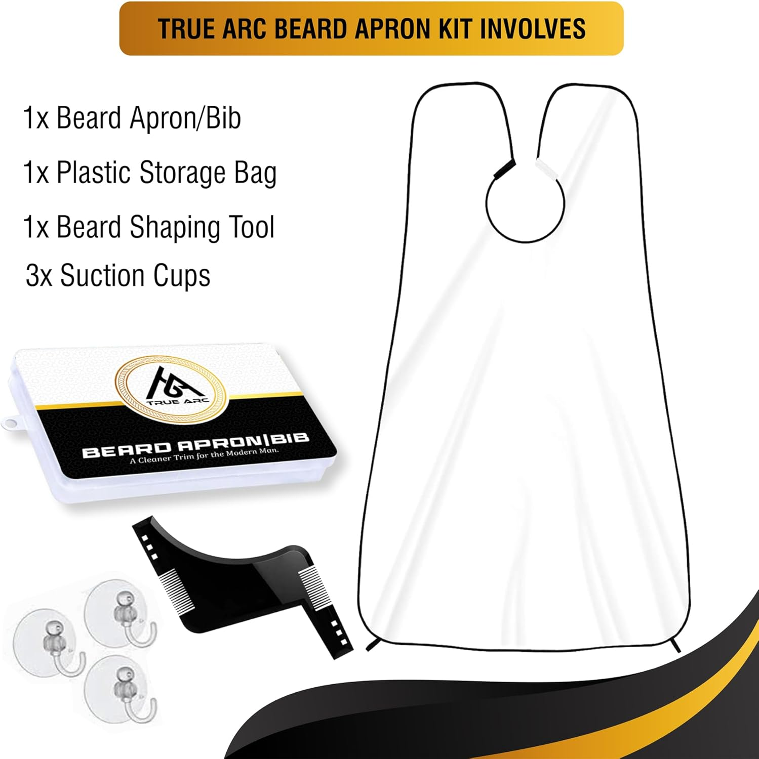 True Arc Beard Bib Apron, Hair Catcher for Men Shaving & Trimming Non-Stick Waterproof Beard Cape Grooming Cloth with 3 Suction Cups, Shaping Tool & a Gift Box