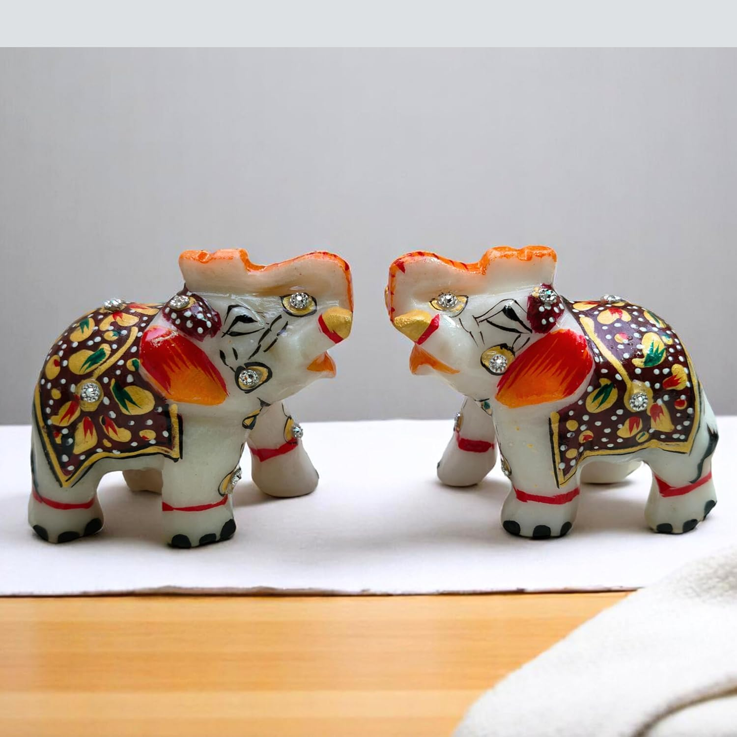 Natural White Marble Elephant Statue Pair 3X2.25 &ndash; Hand-Painted Multicolor Figurines &ndash; Gold Artwork Showpiece for Home, Living Room &ndash; Good Luck & Housewarming Gift D&eacute;cor Item image number 6