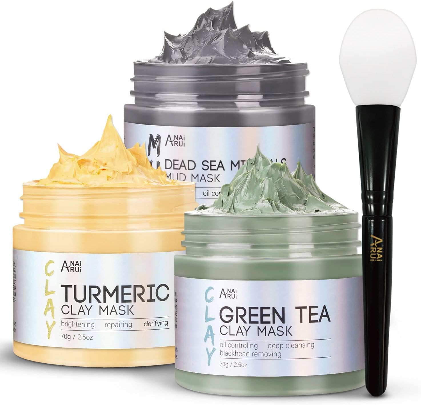 ANAI RUI Turmeric Clay Mask - Green Tea Clay Mask - Dead Sea Minerals Mud Mask, Spa Facial Mask Set, 2.5 Oz Each image number 5