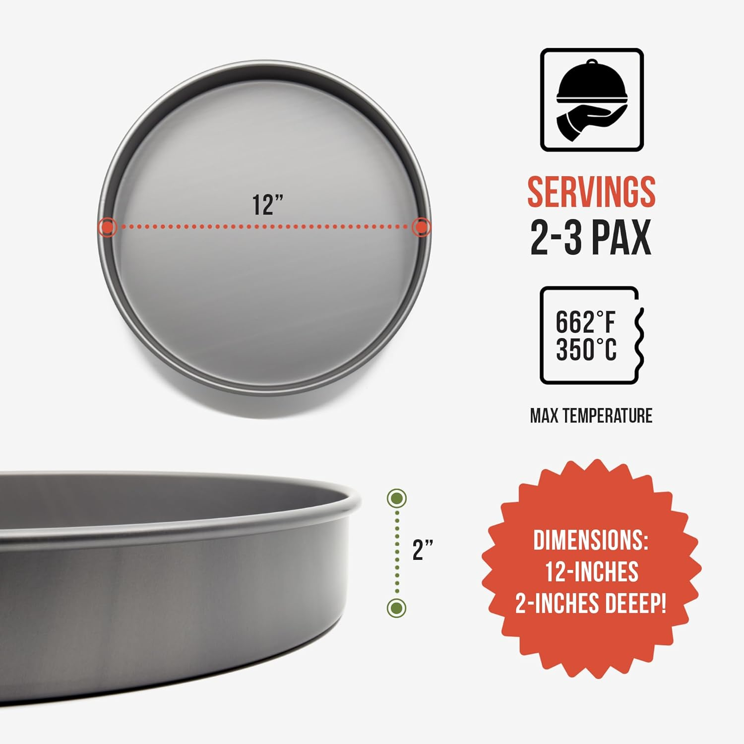 Chef Pomodoro Chicago Deep Dish Pizza Pan 12 Inch, Hard Anodized Aluminum Pizza Pan for Oven, Pre-Seasoned Bakeware Kitchenware, Non-Stick round Pizza Pans (12-Inch) image number 5