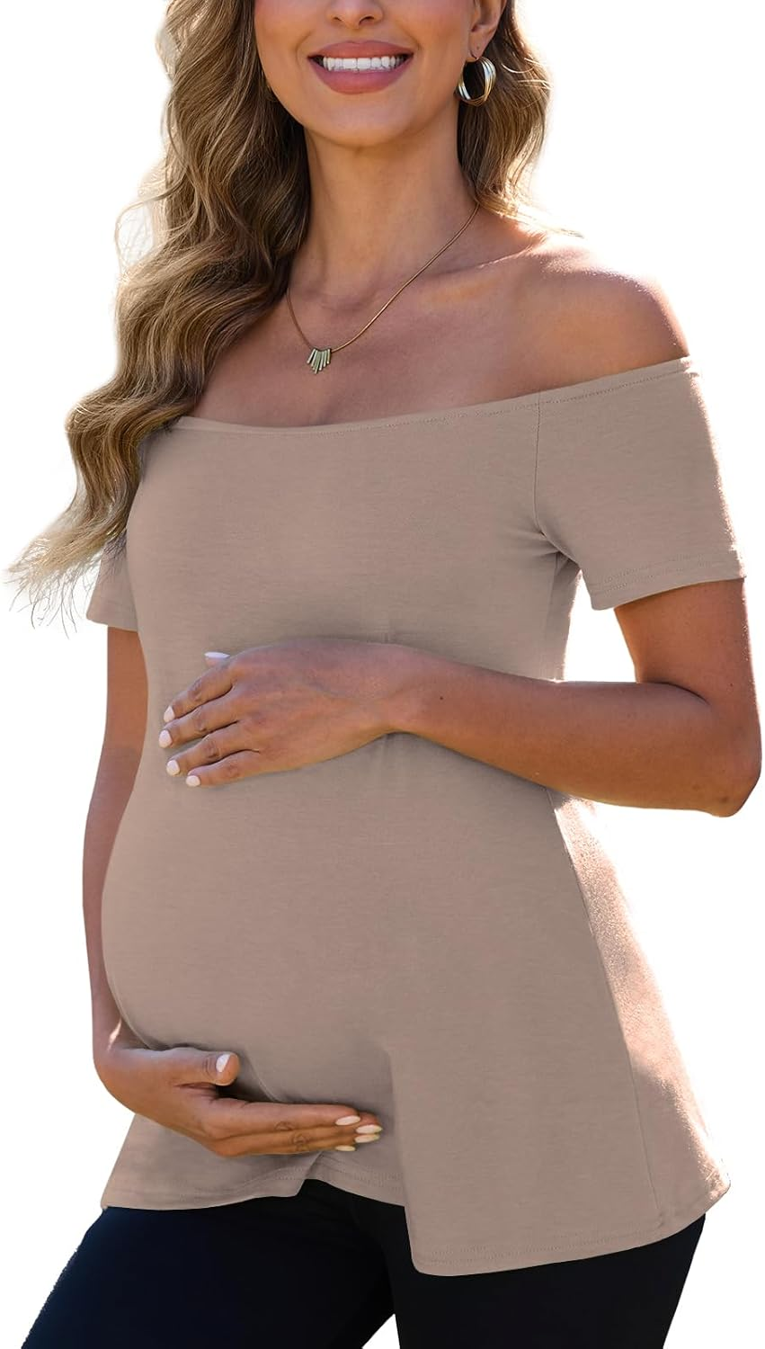 Women'S off the Shoulder Maternity Tops 2025 Trendy Summer Short Sleeve T Shirts Slim Pregnancy Shirts image number 4