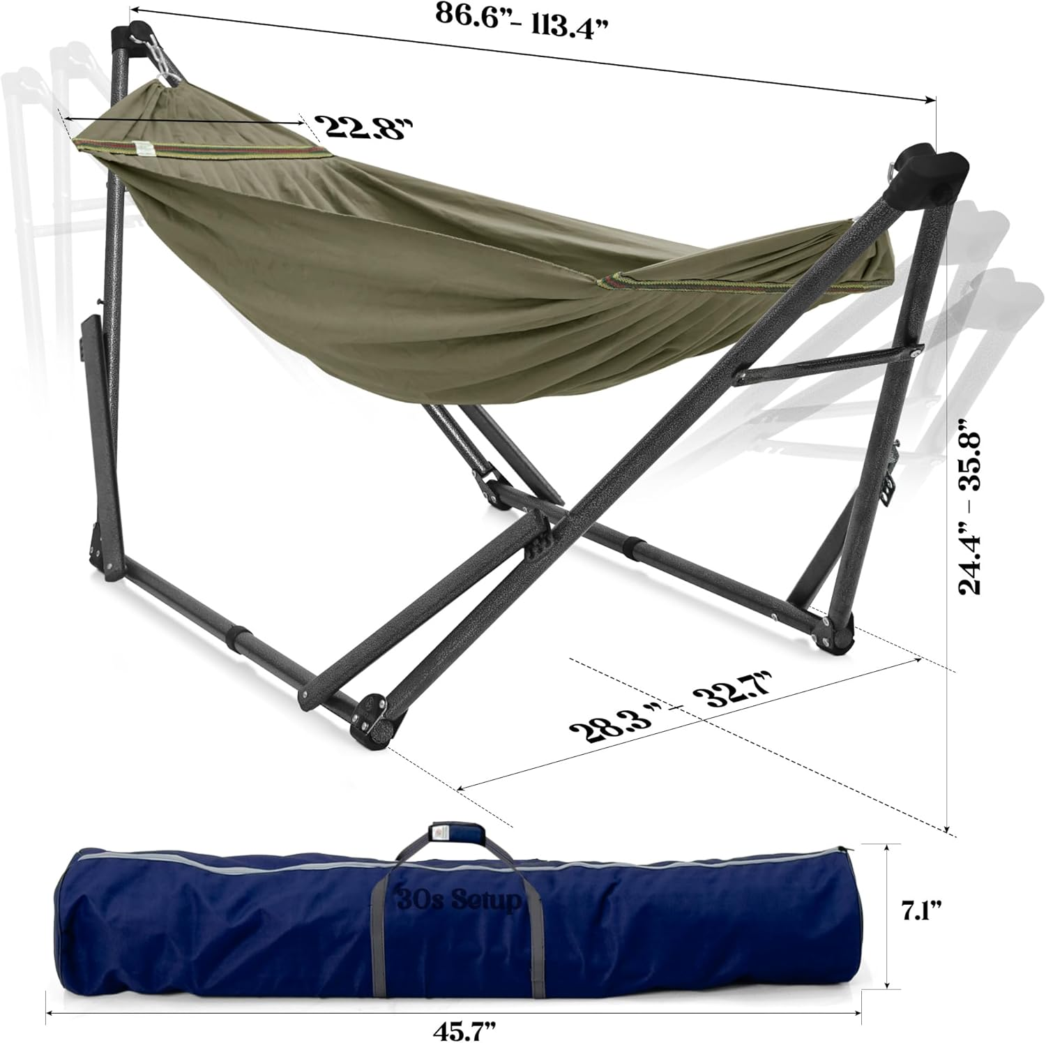Tranquillo Uniki 3-Year Warranty Hammock Stand, 30S Foldable Hammock with Stand, 550 Lbs Capacity Camping Hammock Stand (Steel, Sage) image number 2
