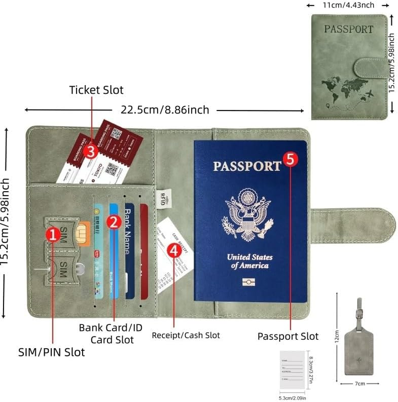 Passport Holder Cover with Luggage Tag, PU Leather Passport Cover, Portable Universal Travel Wallet Organiser for Passports Boarding Passes Credit Cards Travel Documents​ (Gray) - Brown image number 7