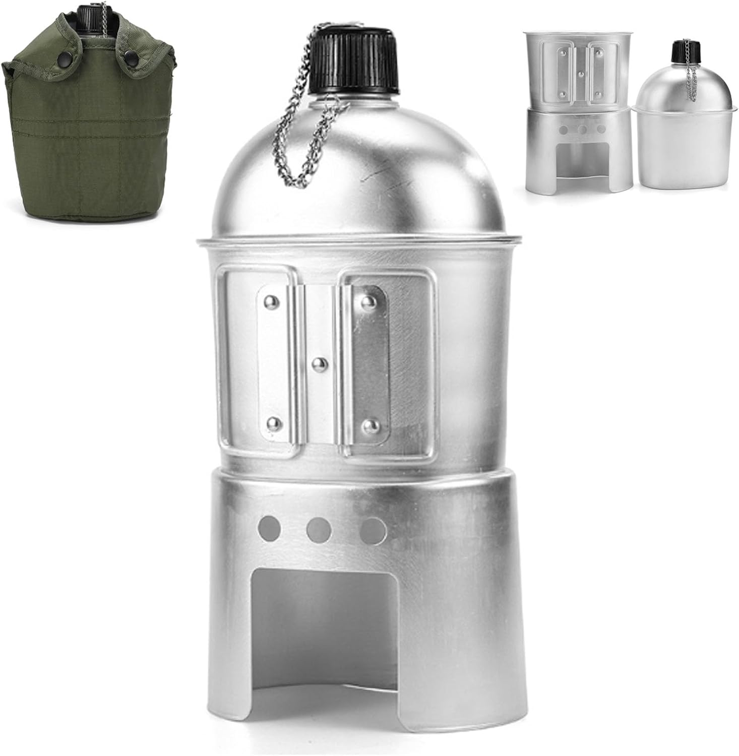 Military Canteen Set of 4, Canteen Cup Stove Pouch Kit, Multi-Functional Water Bottle, Portable Aluminum Cookware Kit, for Outdoor Camping Survival Hiking Backpacking image number 4