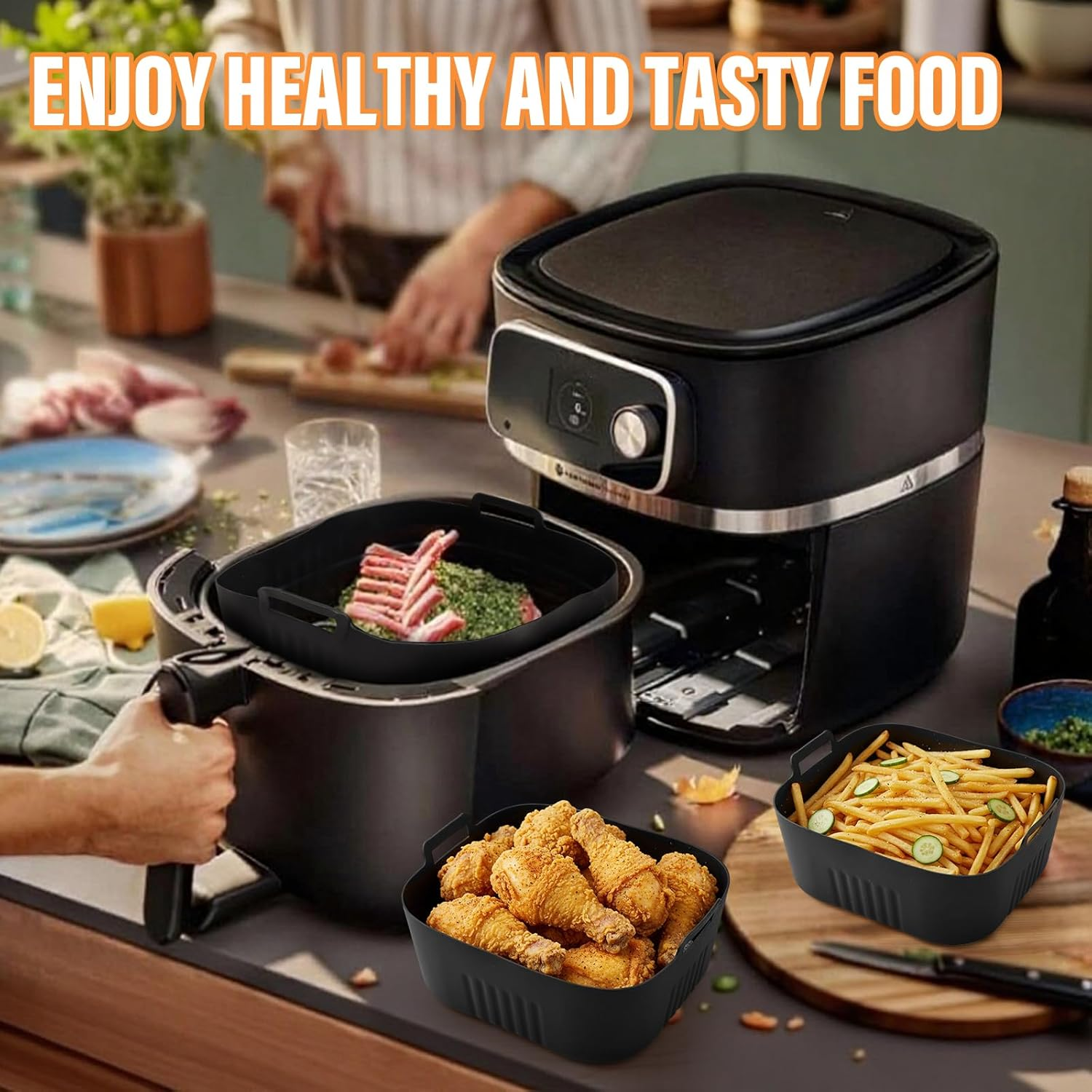 Viiotu 2 Pack Silicone Air Fryer Liners Compatible with Philips 7000 Series 8.3L, Reusable Non-Stick Square Air Fryer Silicone Liner, High Temperature Resistant Easy Cleaning Oven Accessories image number 3