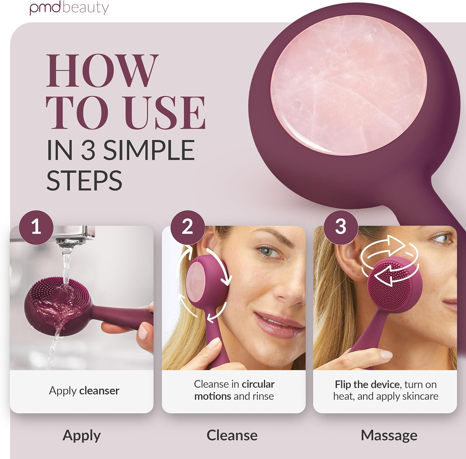 PMD Clean Pro RQ - Smart Facial Cleansing Device with Silicone Brush & Rose Quartz Gemstone Activewarmth Anti-Aging Massager - Waterproof - Sonicglow Vibration - Lift, Firm, and Tone Skin on Face and Body