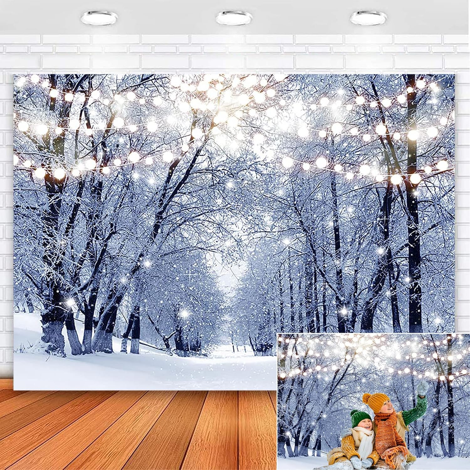 Mocsicka Winter Christmas Backdrop Snow Forest Glitter Lights Path Photo Background 7X5Ft Snowfall Bokeh Winter Frozen Snow Scene Backdrops for Children Kids Photo Booth Props image number 4