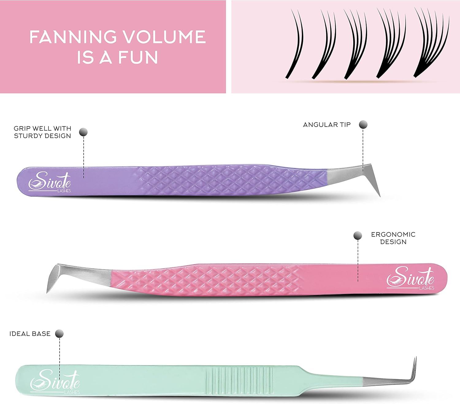 SIVOTE Lash Tweezers for Eyelash Extensions Fiber Tips, Set of 3, Volume, Volume Boot, 90 Degree Tweezers, Pastel Colors image number 4