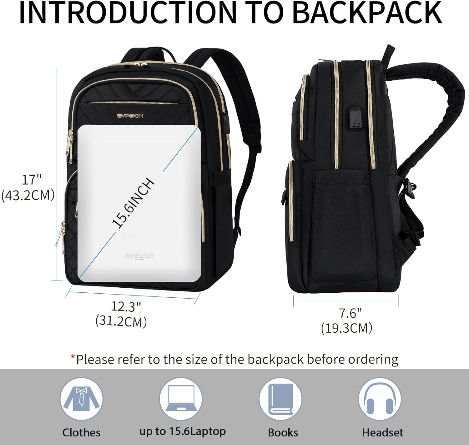 EMPSIGN Laptop Backpack Purse for Women and Men with USB Charging Port, 15.6 Inch Travel Water Resistant Quilted Backpack, High-Capacity 30L Work Business Computer Backpack image number 6