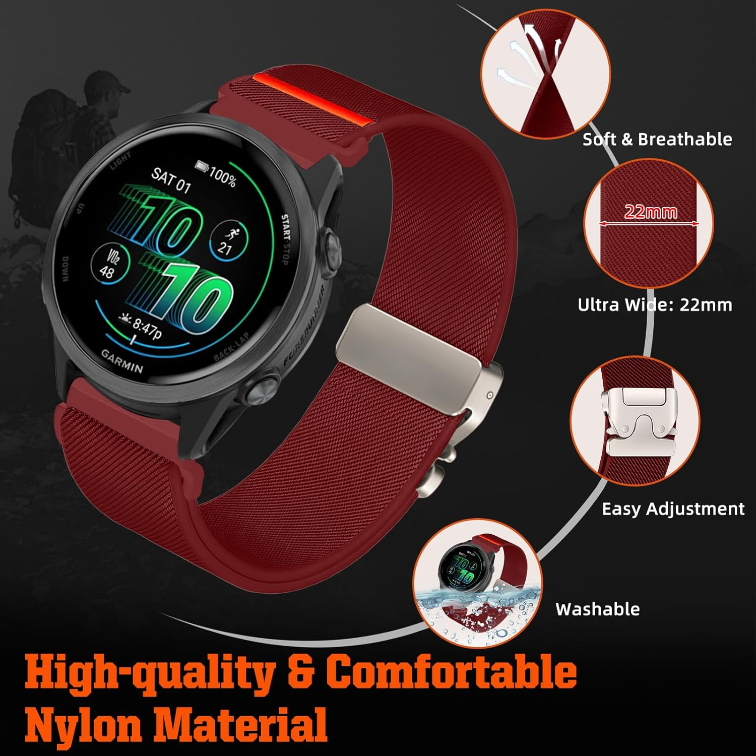 Hinnwer 20 Mm 22 Mm Nylon Bracelet for Garmin Venu 4 45 Mm/Venu 3 45 Mm/Forerunner 570 47 Mm/265/255/255 Music, Elastic Sports Parachute Closure, Braided Band for Garmin Vivoactive 4 image number 5