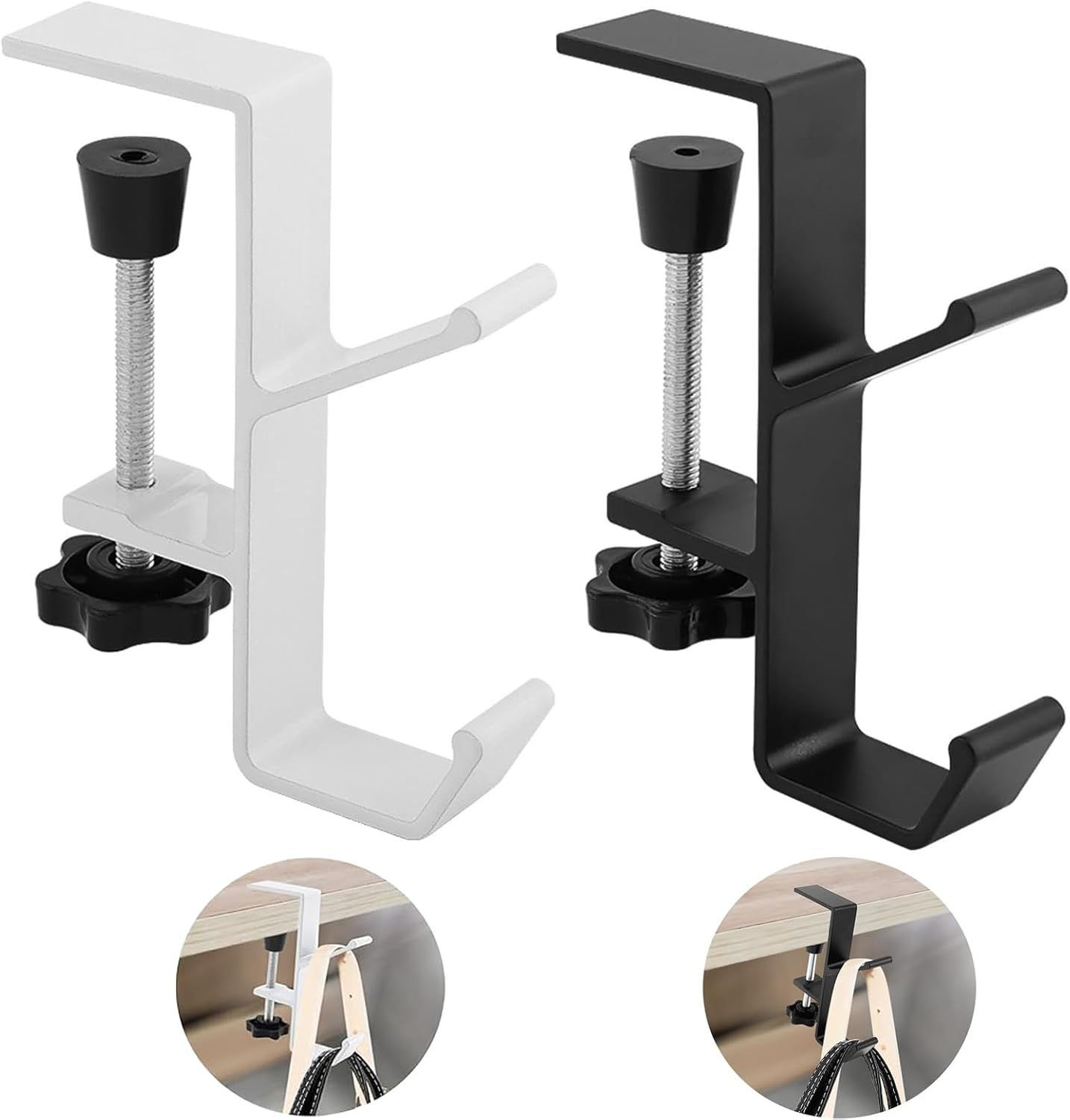 Mijradge Desk Mount Bag Holder Hook Clamp, 2-Pack, White+Black, Aluminium, 2 Hooks, Clamp Mount image number 3