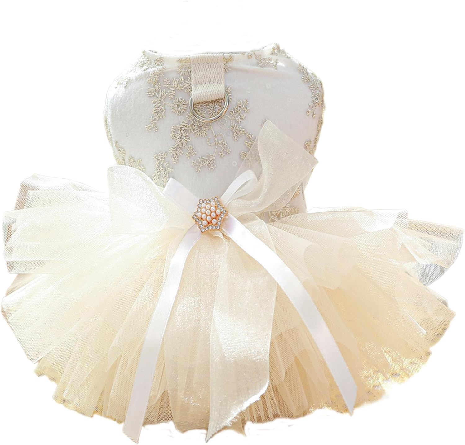 Champagne Dog Dresses for Small Dogs Girl with Leash Ring & Bow Decor,Luxury Dog Wedding Dress with Multi-Layer Princess Tutu Skirt, Embroidered Cat Flower Dress(Large) image number 2