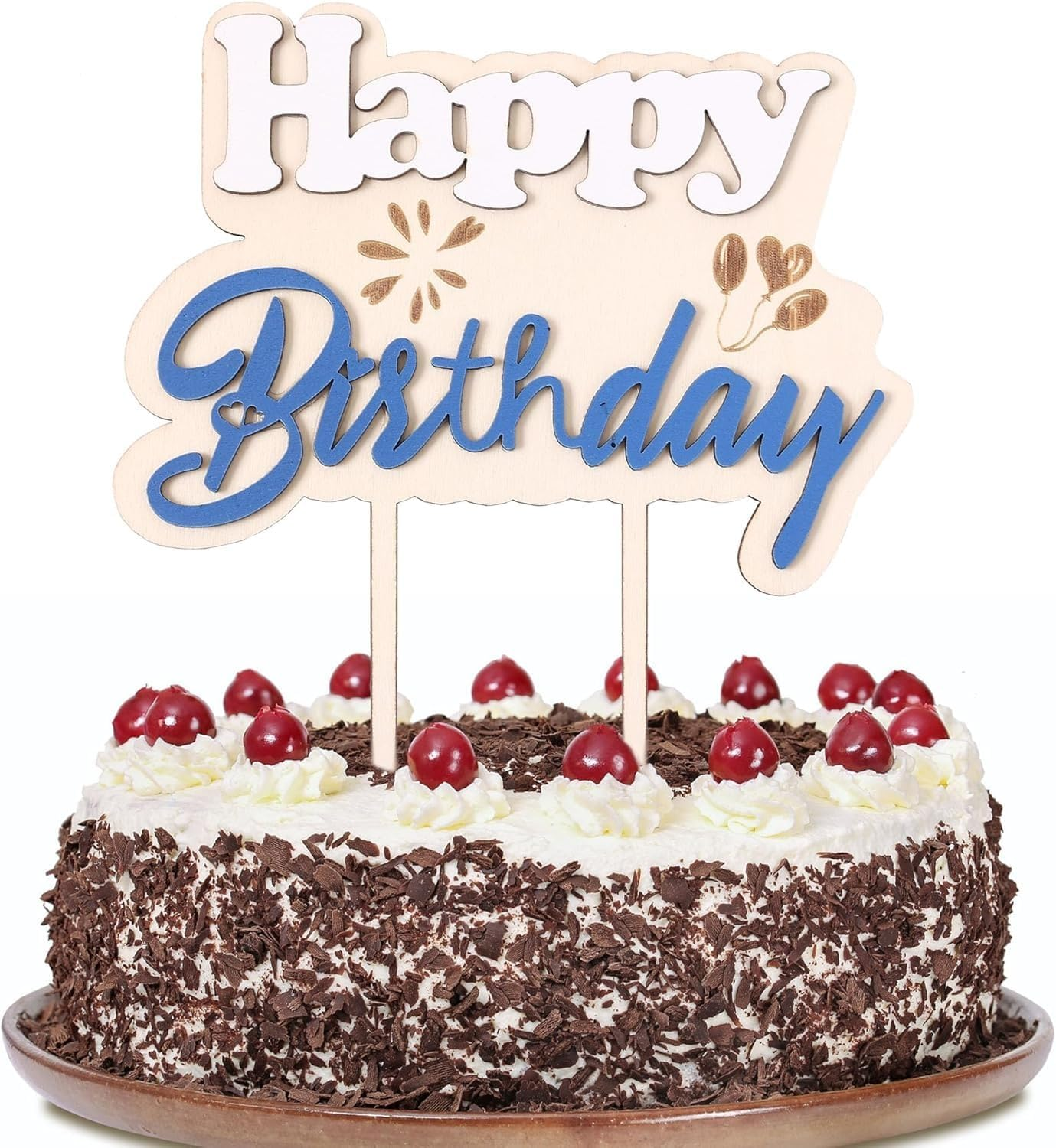 Happy Birthday Wooden Cake Topper &ndash; Blue & White Balloon Theme with Fireworks &ndash; Elegant Party Decoration for Kids, Adults, and Anniversaries &ndash; 7&rdquo; Tall &ndash; Style E