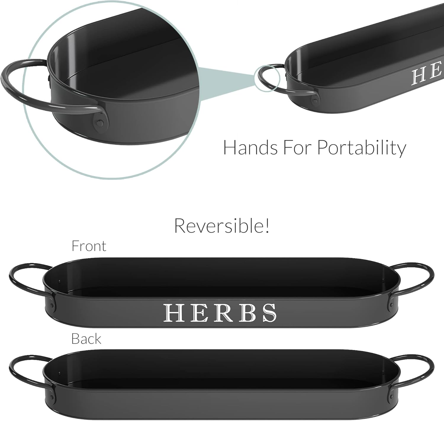 Barnyard Designs Indoor Outdoor Herb Garden Planter Set with Tray, Metal Windowsill Herb Pots, Black, Set/3 - Black image number 3