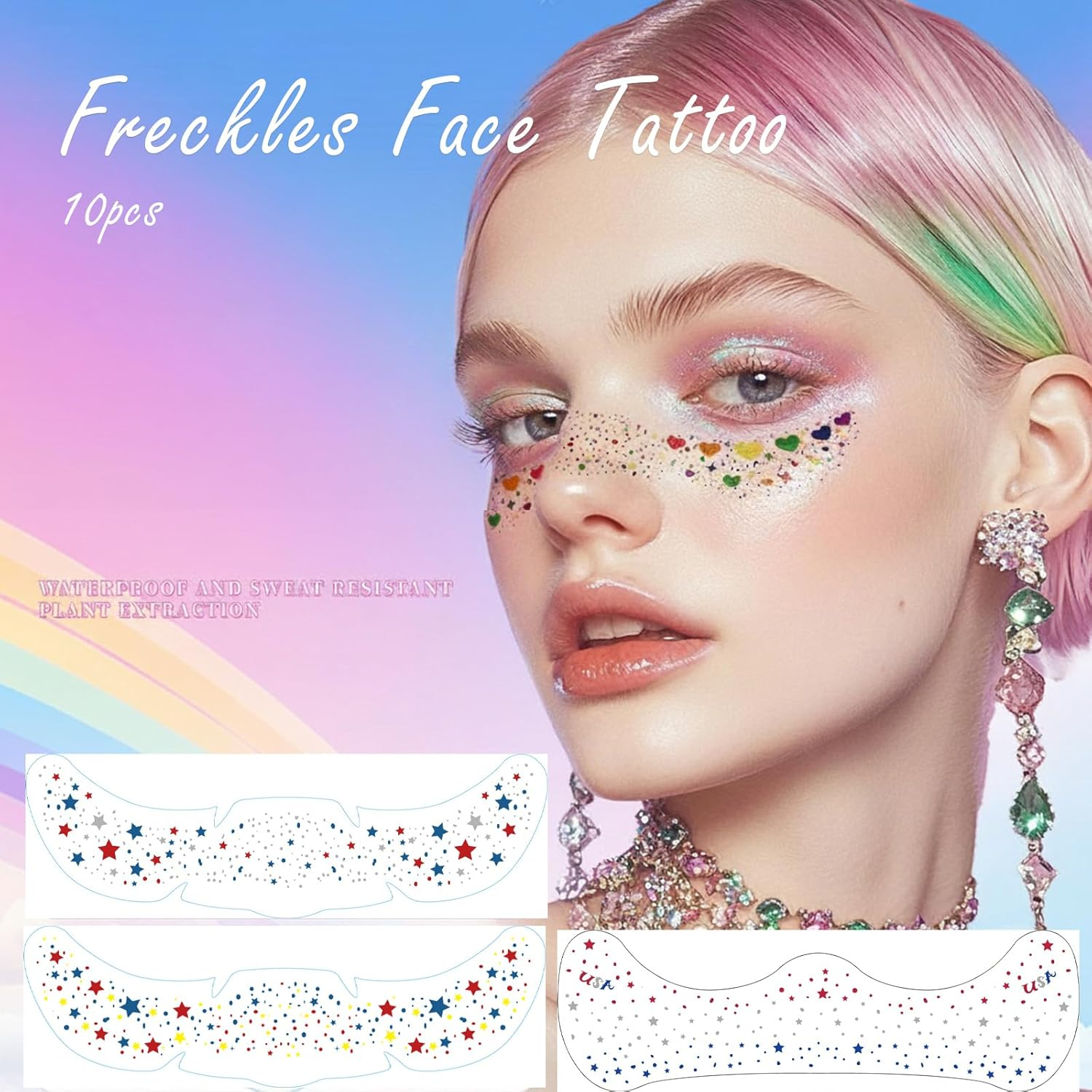Face Glitter Temporary Tattoos, Pride Freckles Face Tattoo, Glitter Sticker, Rainbow Stars Hearts Butterflies Design, Parade Festival, Pride Day (10 Sheets) image number 2