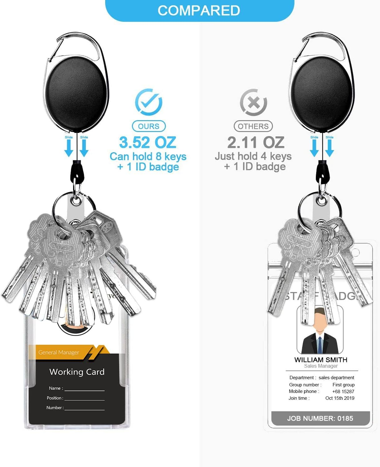 Teskyer 2 Pack Heavy Duty Retractable Badge Reel Clip with Hard Plastic Clear Badge Holders, Holding 2 Pieces of ID Badge Name Card, Vertical and Horizontal Style image number 2