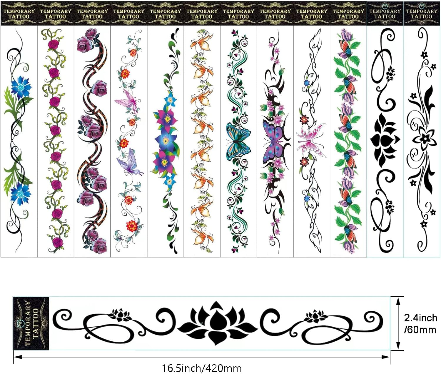 12 Sheets Flower Navel Temporary Tattoos Stickers Sexy Flower Butterfly Styles Long Belly Abdomen Waist Back Waterproof Tattoos for Women Body Art image number 3