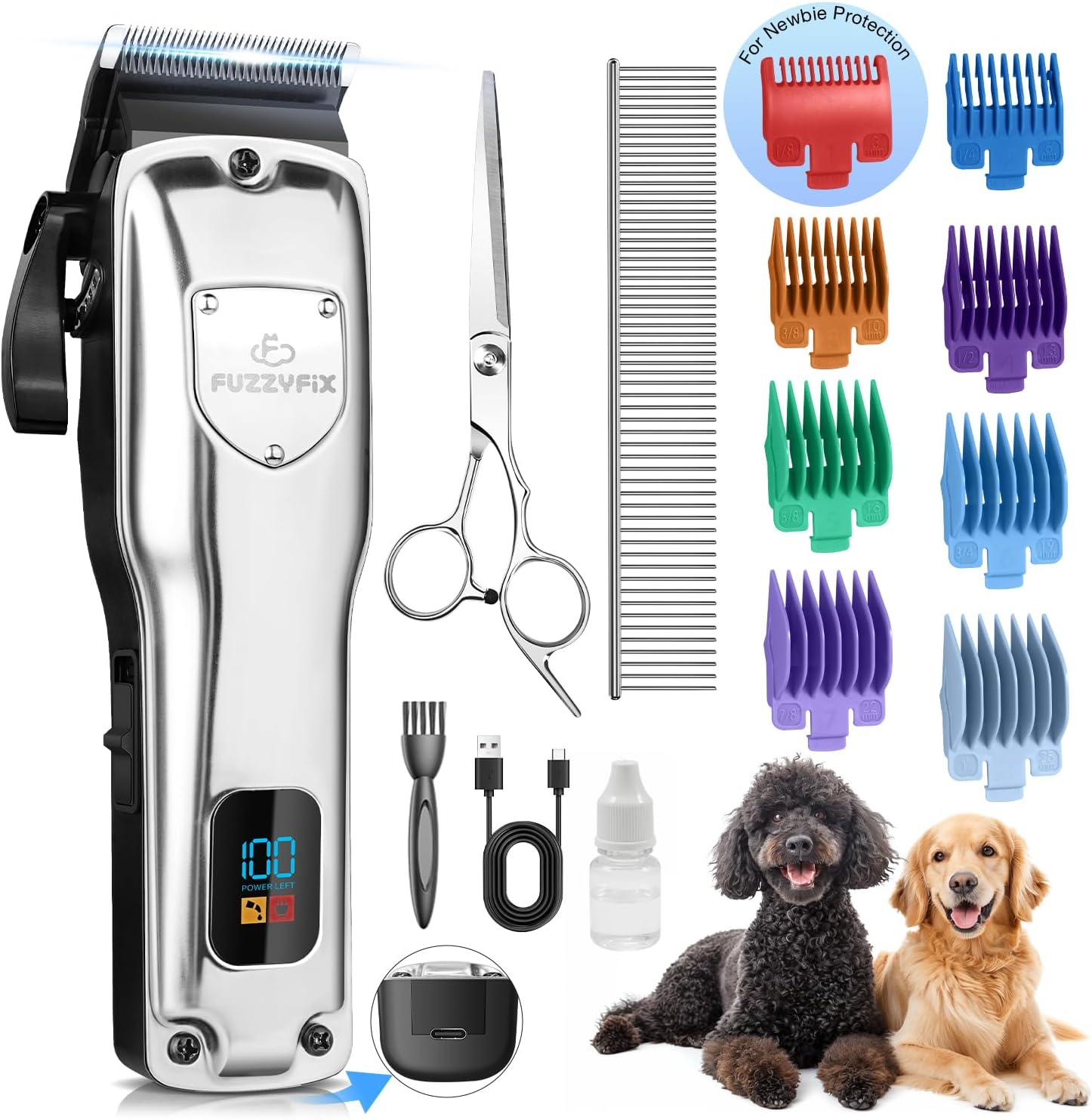 Fuzzyfix Dog Clippers for Grooming for Thick Heavy Coats, Professional Pet Grooming Clippers Supplies Kit Low Noise Rechargeable Stainless Steel Hair Trimmer with Ceramic Blade for Dogs Cats Animals image number 5