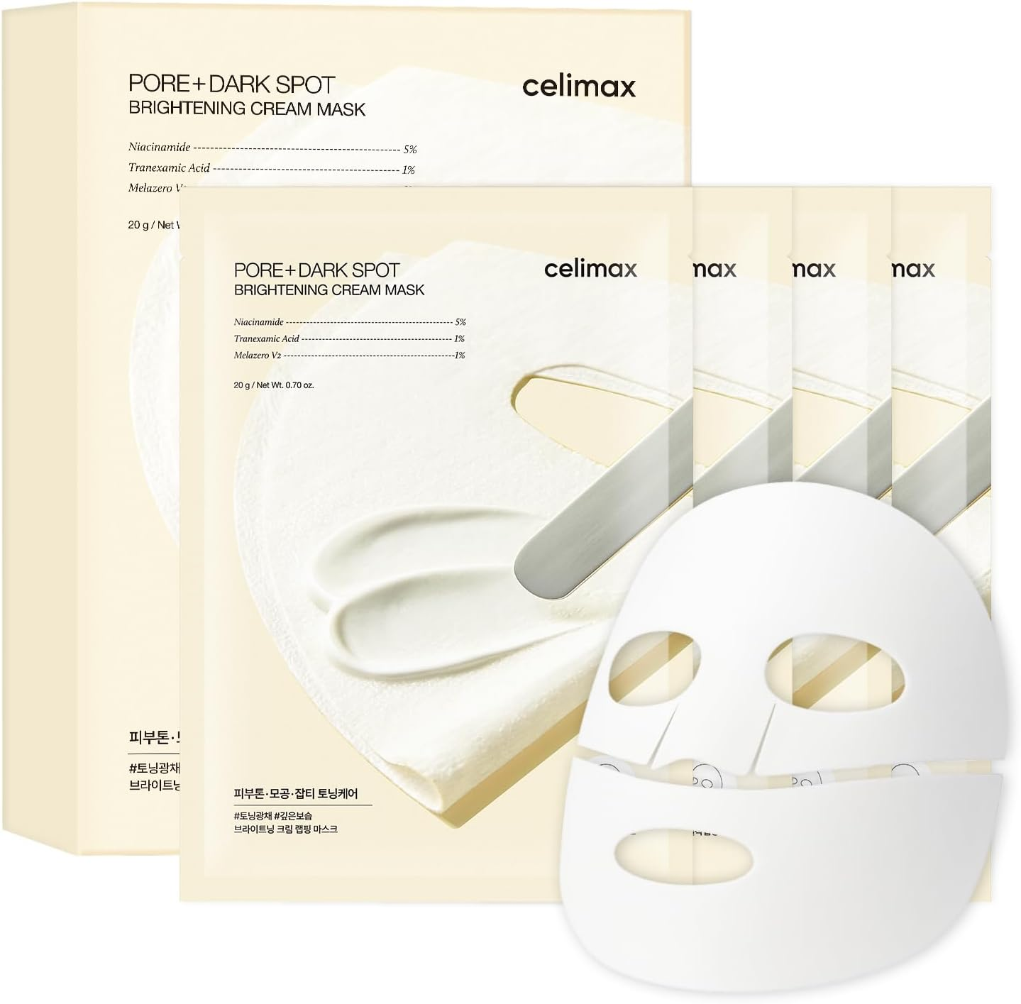 Celimax Pore+Dark Spot Brightening Cream Mask 4EA | Non-Sticky Sheet for Enlarged Pores with Niacinamide, Tranexamic Acid, Non-Irritating, Hydrating, Hyperpigmentation, Korean Facial Mask image number 6