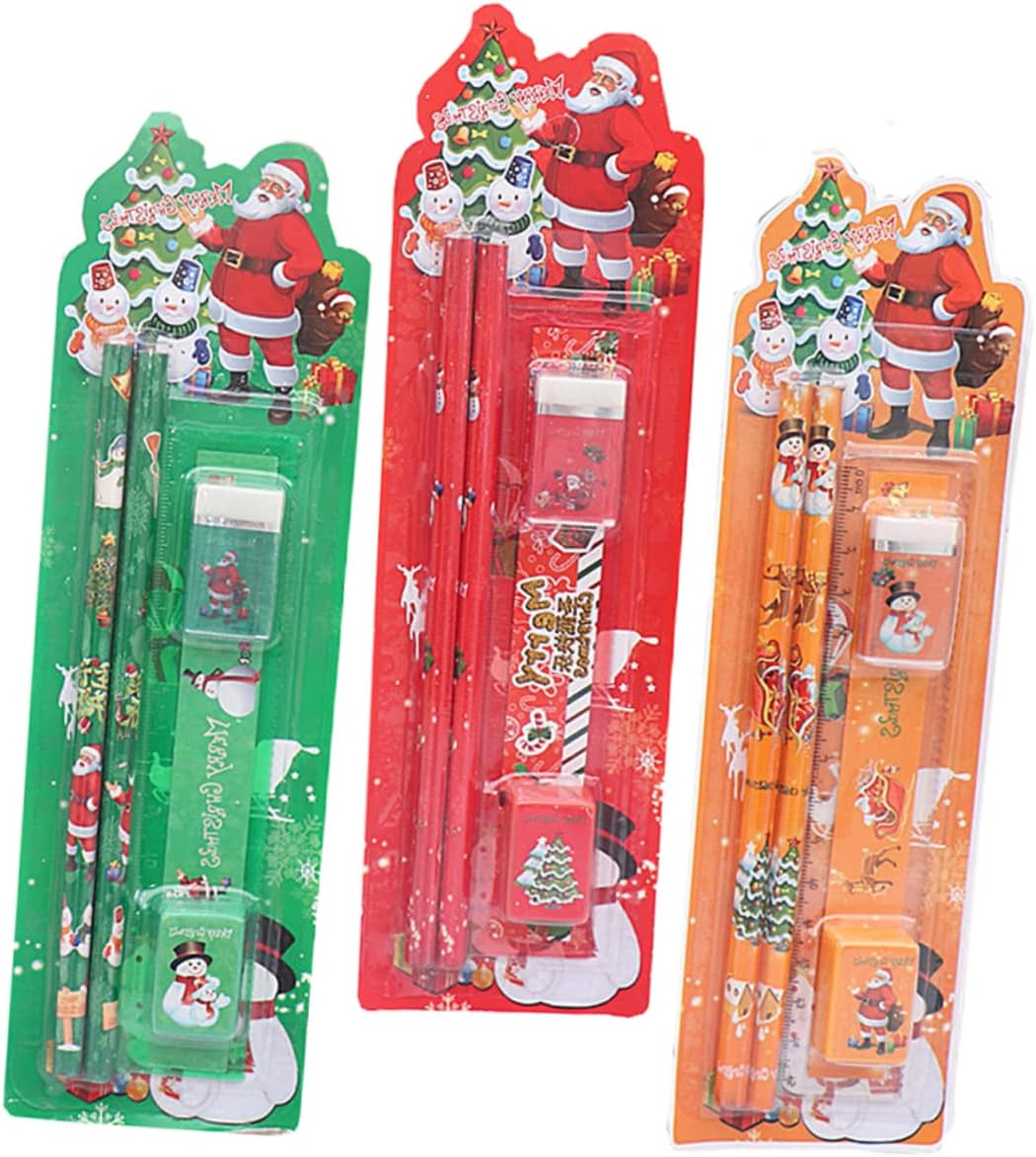 Christmas Theme Stationery Set 3 Packs 5Pcs Kit with Pencils Erasers Rulers for Kids School Supplies Holiday Random Color